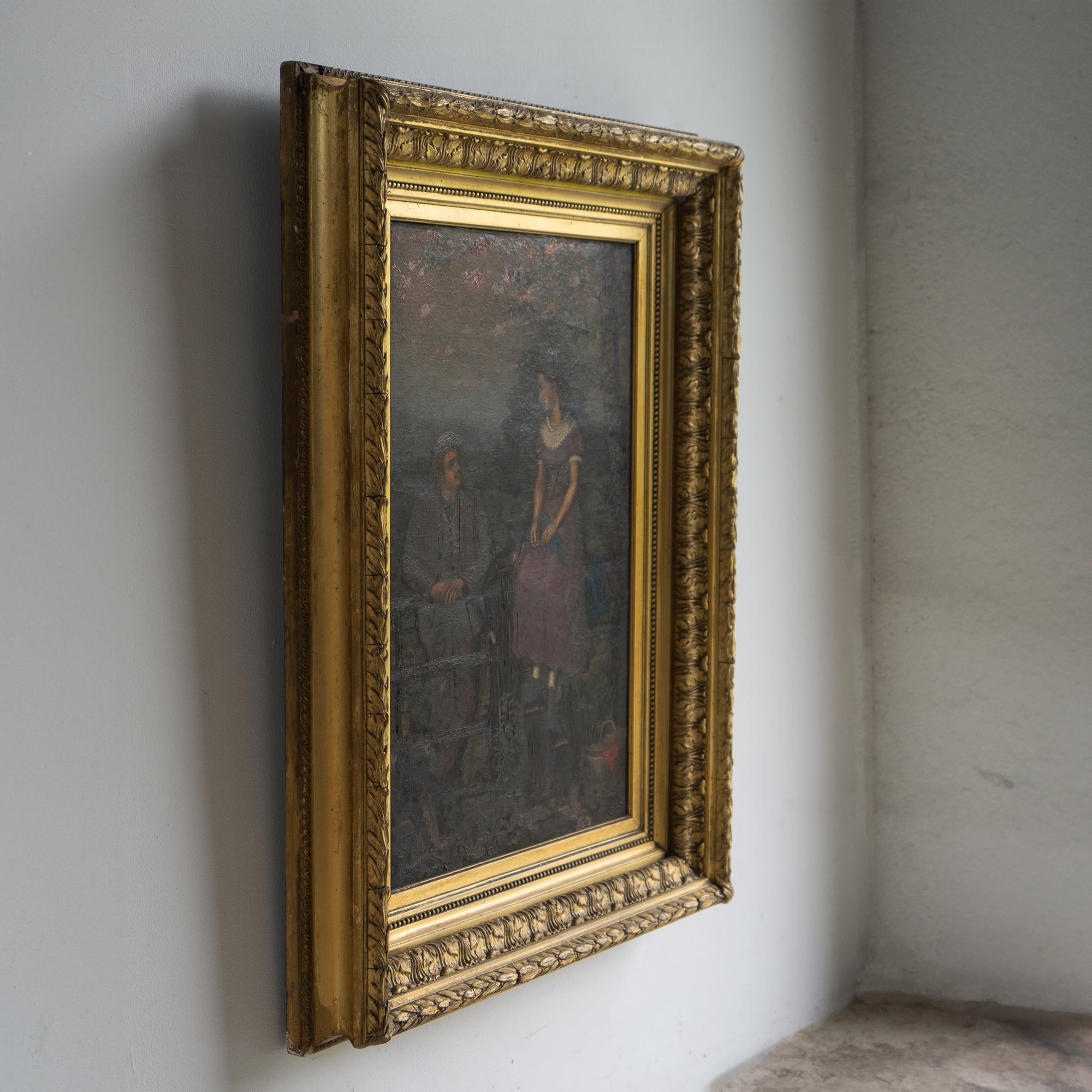 Antikes Volkskunstporträt mit romantischer Szene, Original Ölgemälde 19. (Leinwand) im Angebot