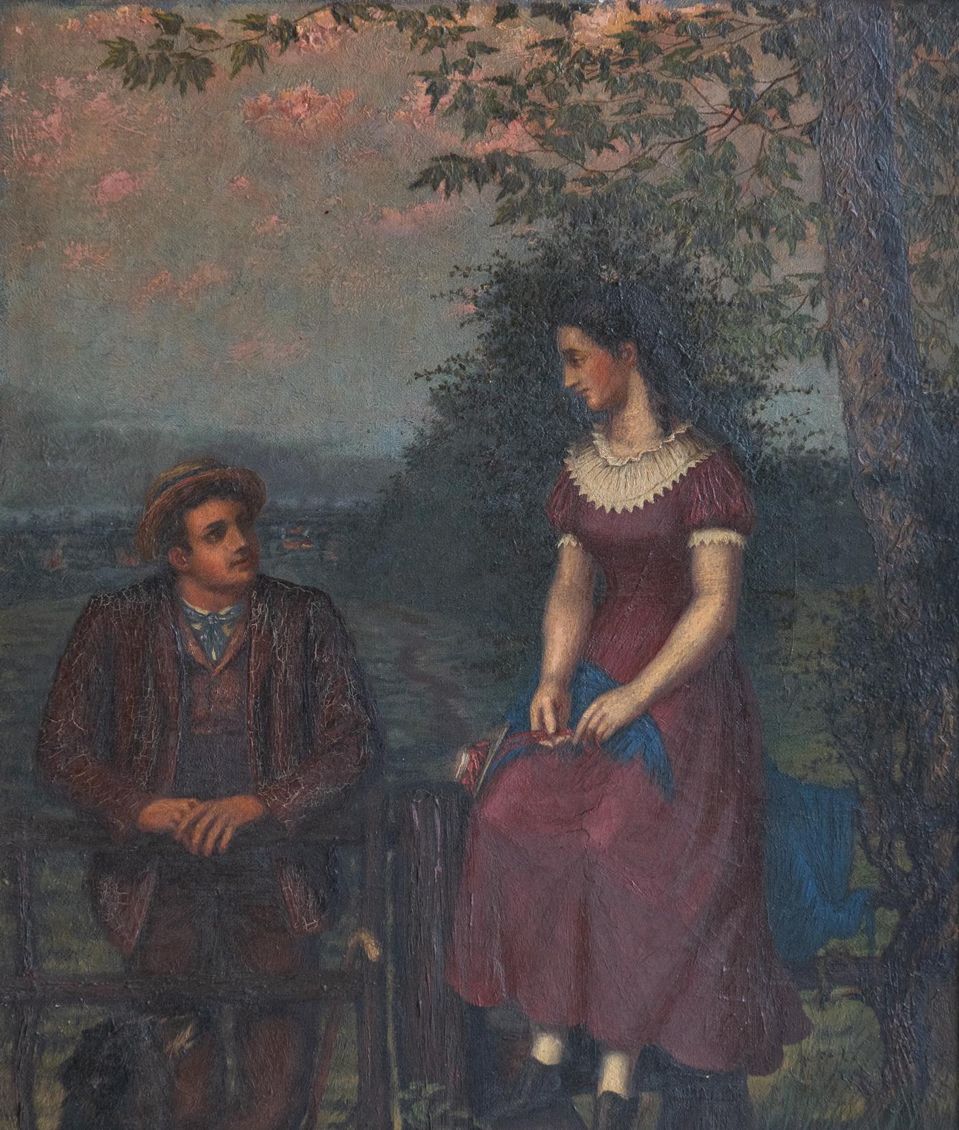 Antikes Volkskunstporträt mit romantischer Szene, Original Ölgemälde 19. im Angebot 1