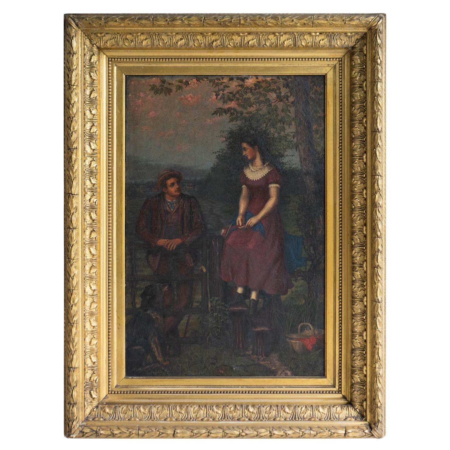 Antikes Volkskunstporträt mit romantischer Szene, Original Ölgemälde 19.