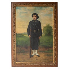 Antique Folk Art Portrait of a French 'Chasseur Alpin' Soldier, Original Oil