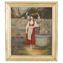 Peinture de portrait d'art populaire ancien dans un cadre en bois doré de première finition, vers 1840