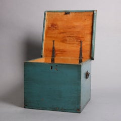 Folk Art and Primitive Blue Decorated Softwood and Iron Sugar Box, circa 1830