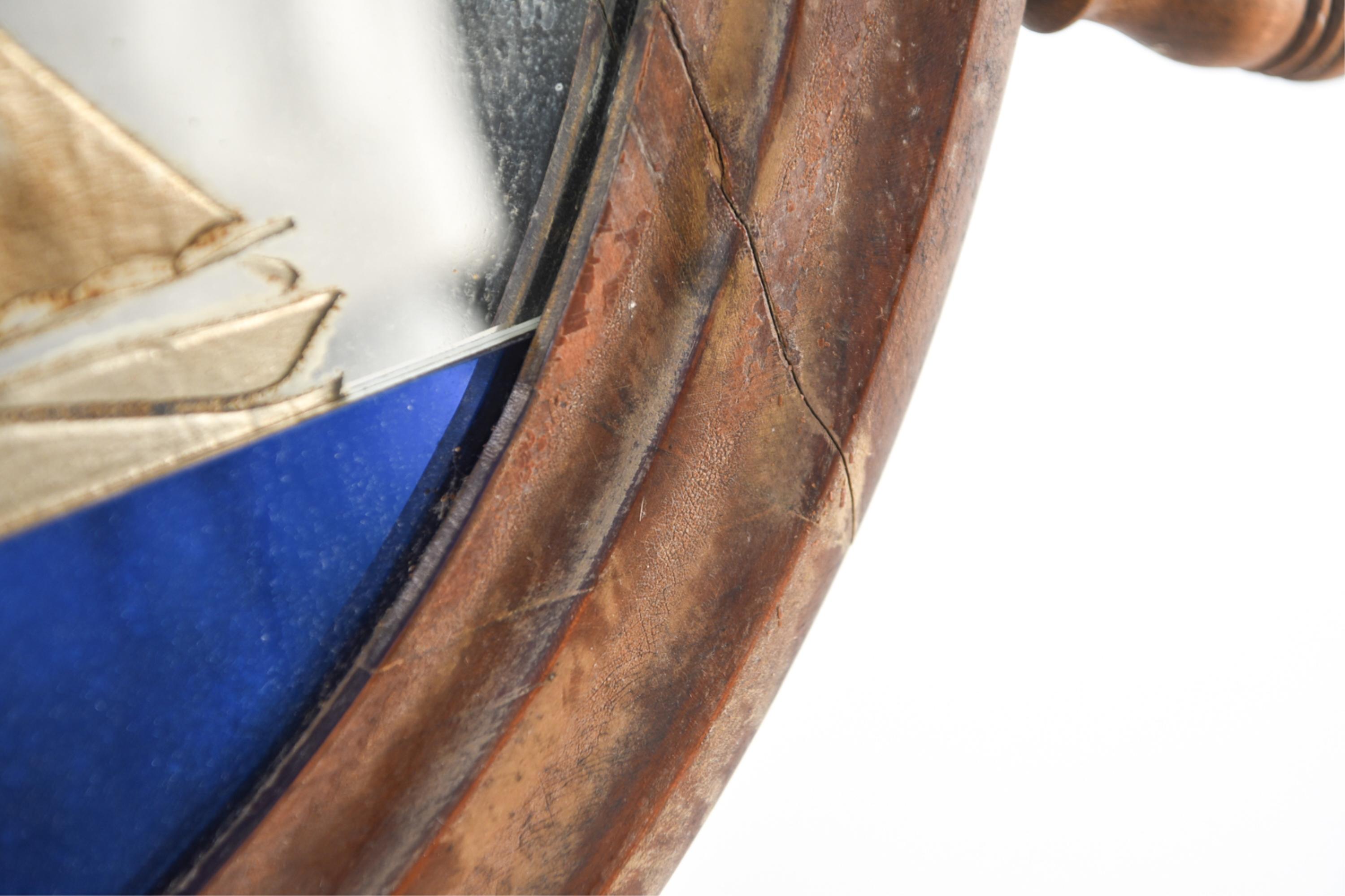 Antique Folk Art Reverse-Gilded Verre Églomisé Mirror with Ship's Helm Frame 1