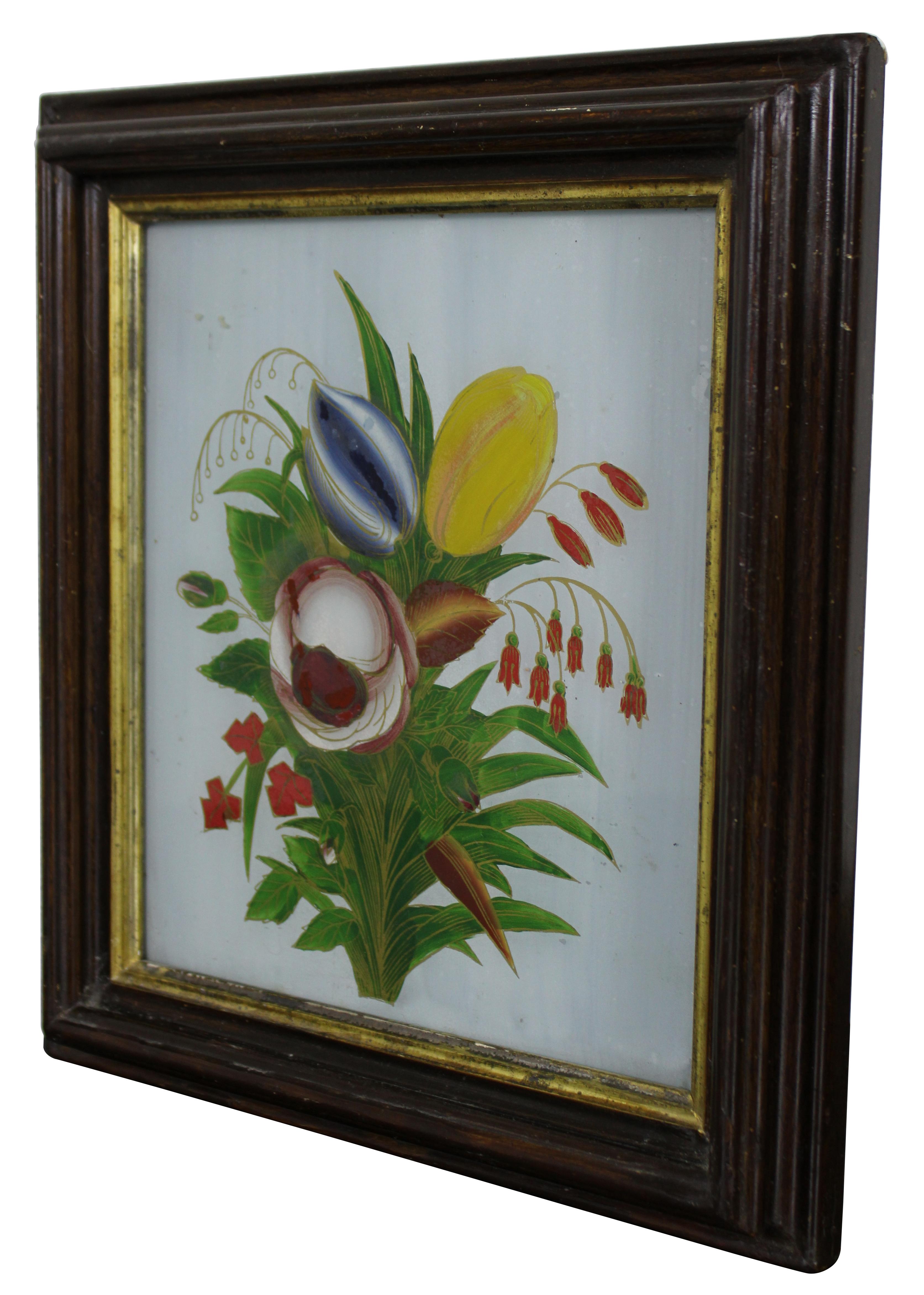 Antique floral botanical still life oil painting, reverse painted on glass, featuring a brightly colored flower arrangement with gold gilded accents.

Measures: 10.5” x 1.25” x 11.5” / Sans frame - 7.5” x 8.5” (width x depth x height).