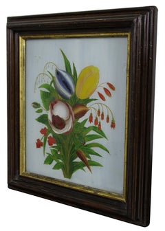 Antique Folk Art Reverse Painted Floral Botanical Still Life Painting Gilded