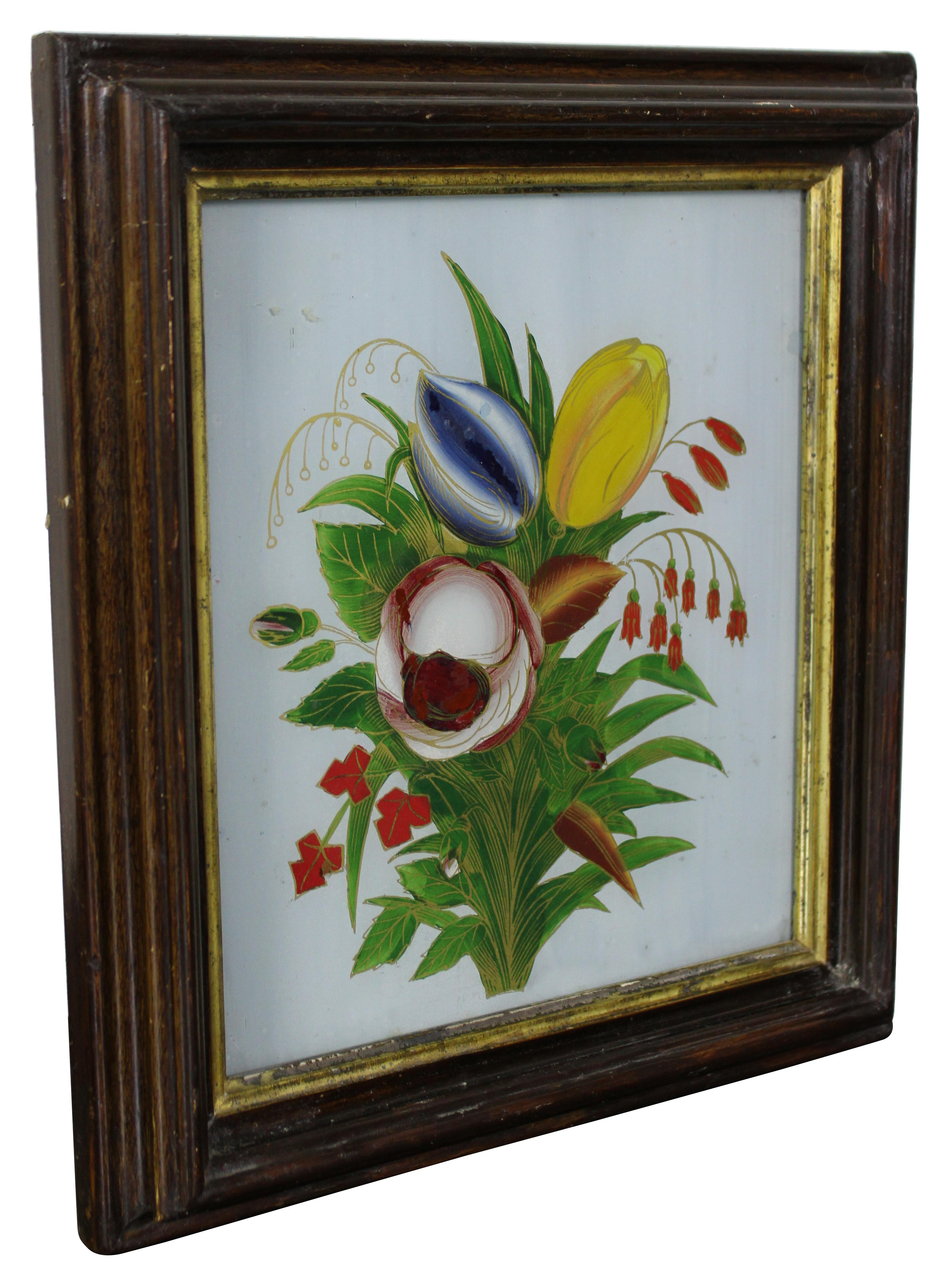 Antique Folk Art Reverse Painted Floral Botanical Still Life Painting Gilded In Good Condition In Dayton, OH