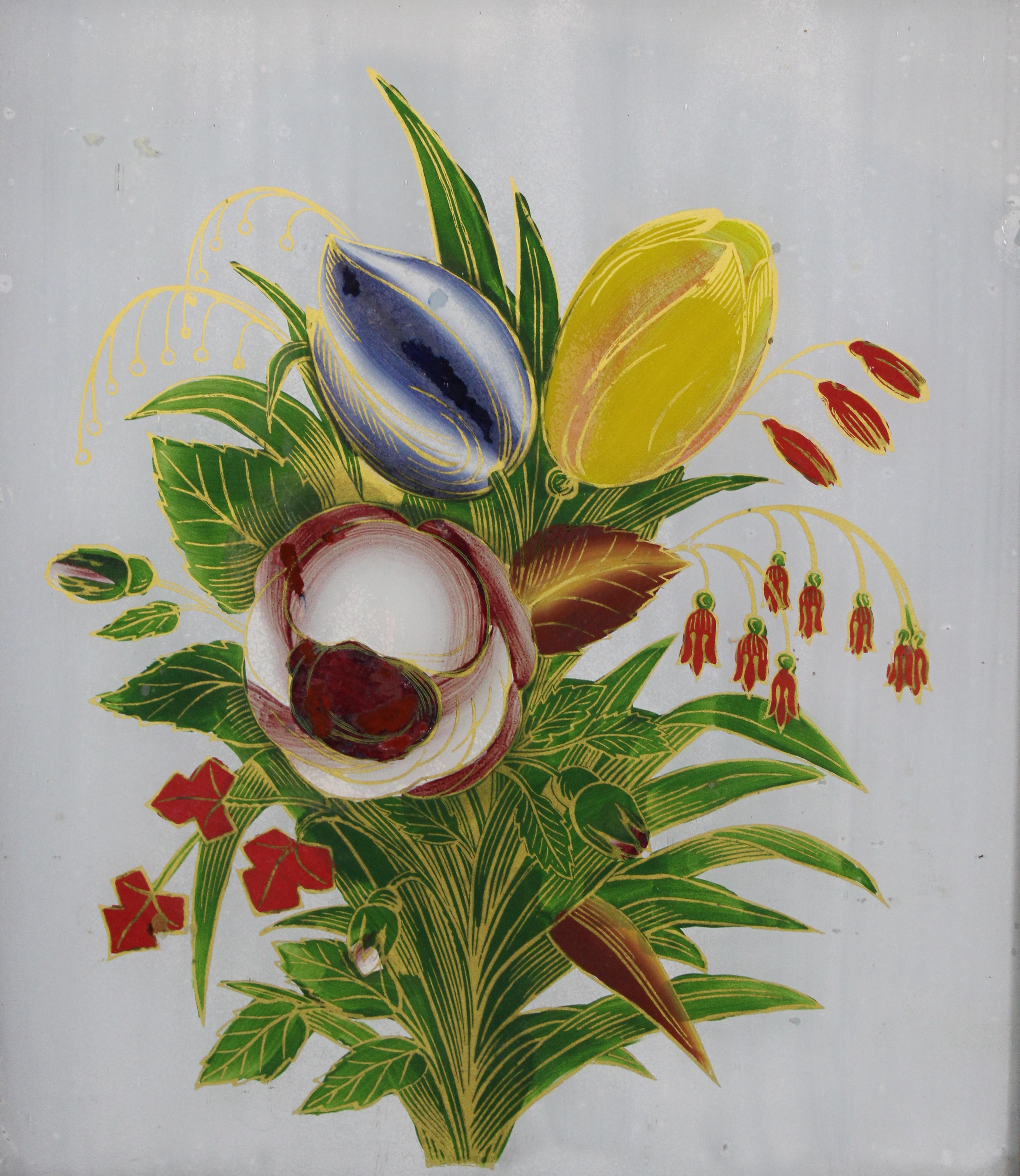 Antique Folk Art Reverse Painted Floral Botanical Still Life Painting Gilded 2