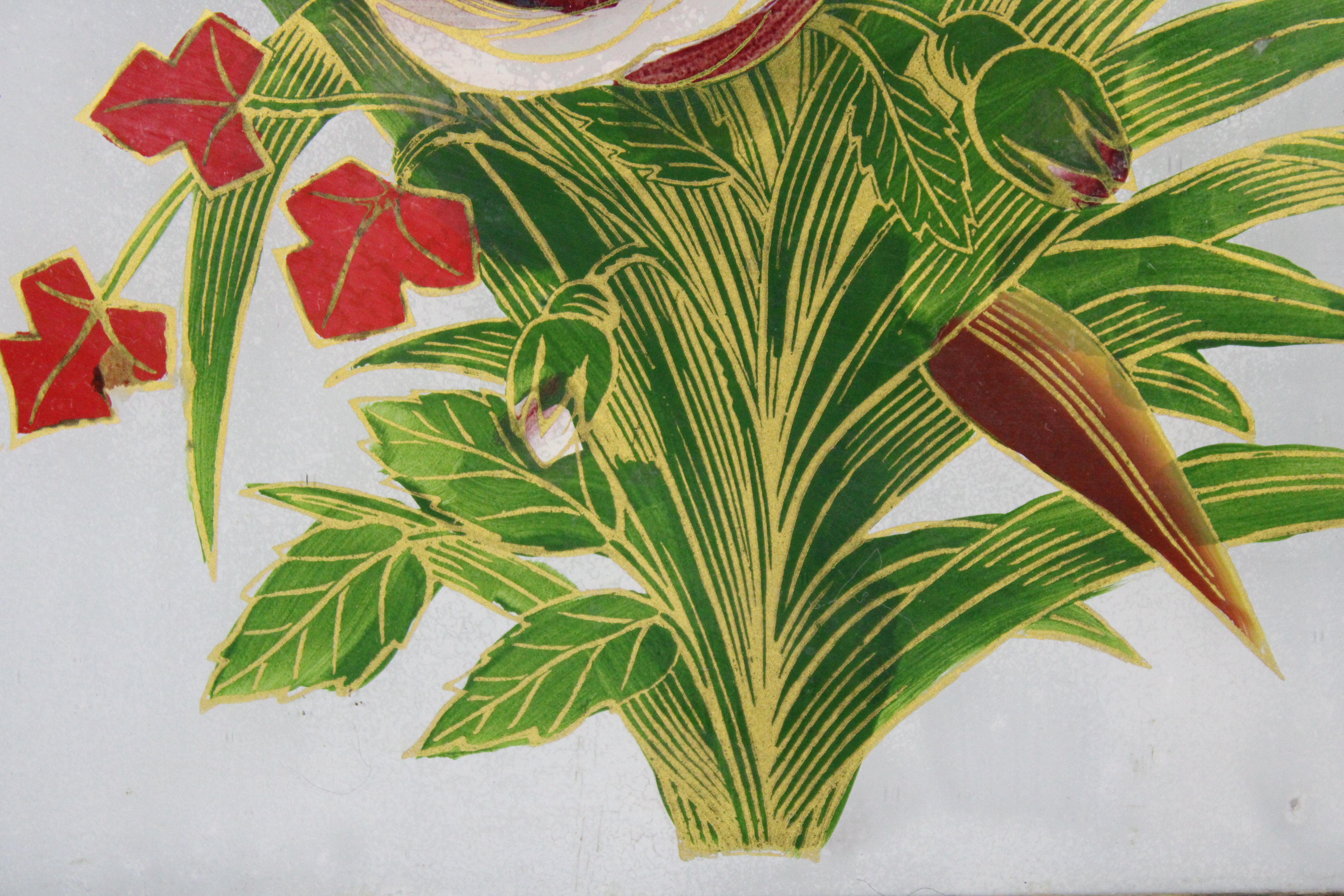 Antique Folk Art Reverse Painted Floral Botanical Still Life Painting Gilded 3