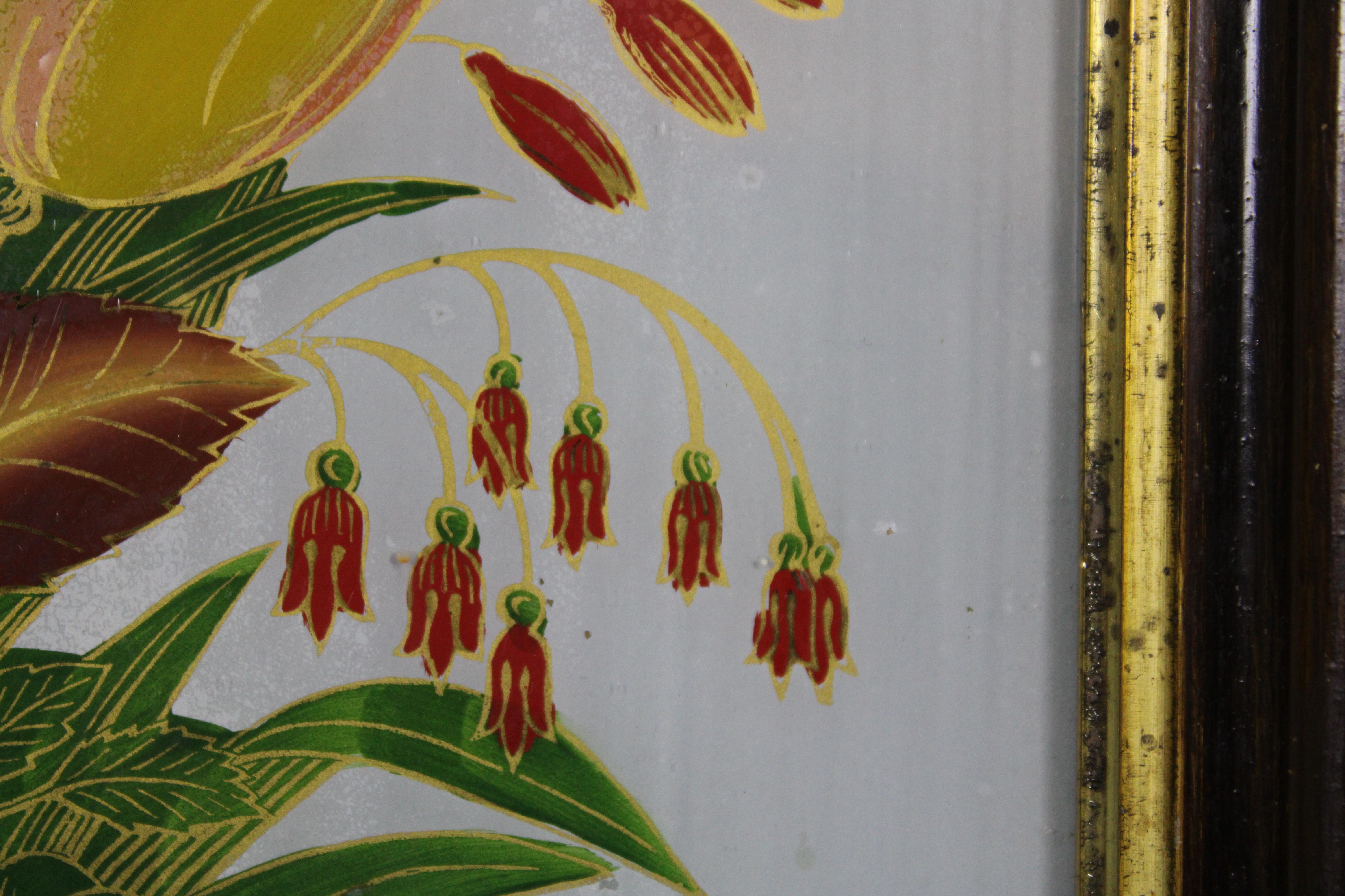 Antique Folk Art Reverse Painted Floral Botanical Still Life Painting Gilded 5