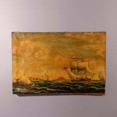 Antique Folk Art Seascape Painting, Tall Mast Ship Harbor Scene, 19th C