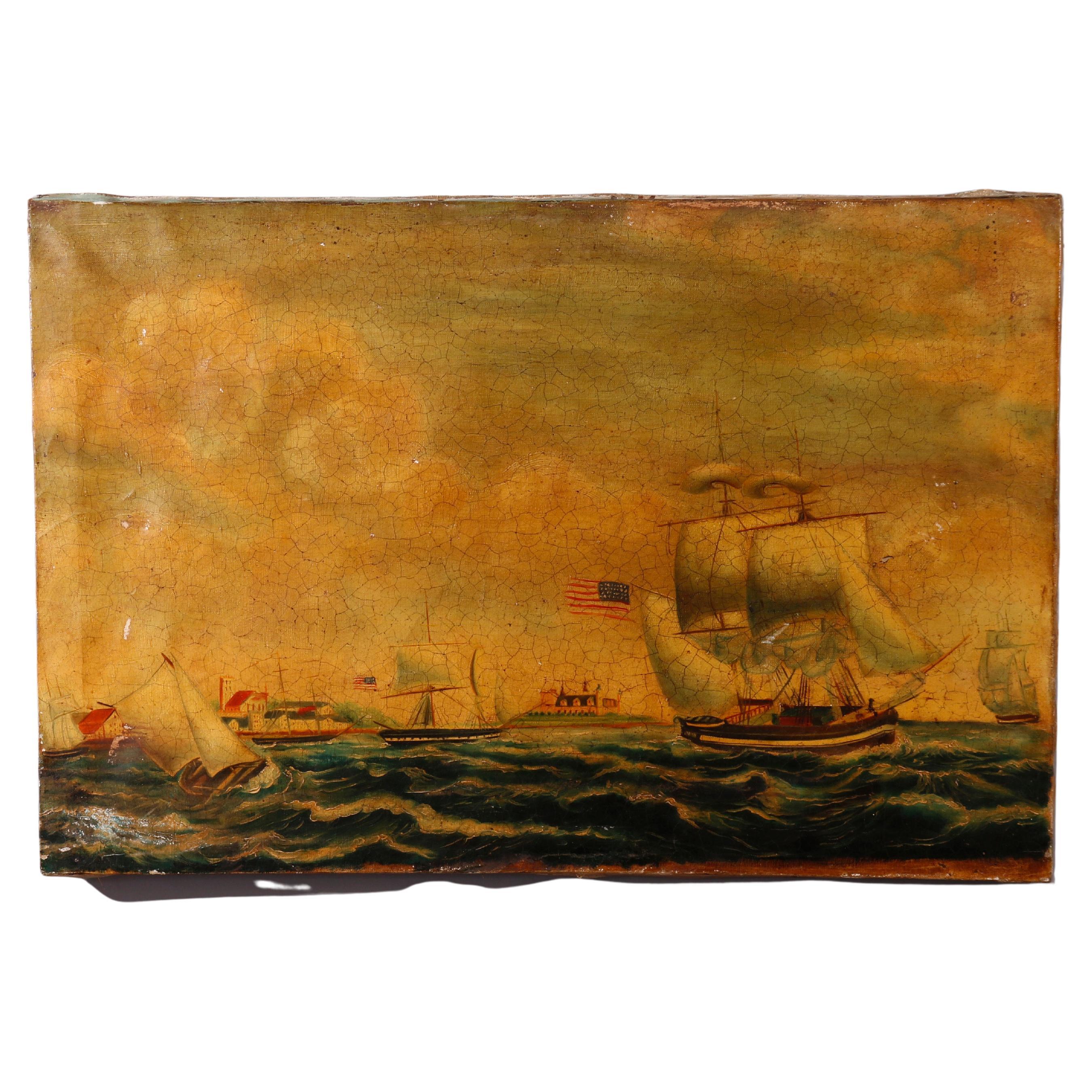 Antique Folk Art Seascape Painting, Tall Mast Ship Harbor Scene, 19th C