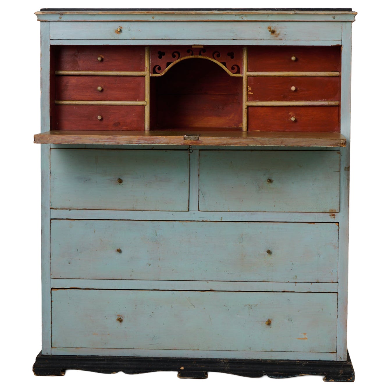Antique Folk Art Secretary Desk from Northern Sweden with Original Blue Paint