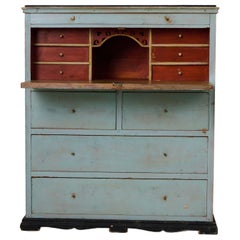 Antique Folk Art Secretary Desk from Northern Sweden with Original Blue Paint