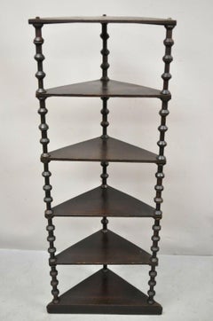 Antique Folk Art Sewing Spool Carved 6 Tier Corner Shelf Whatnot Stand