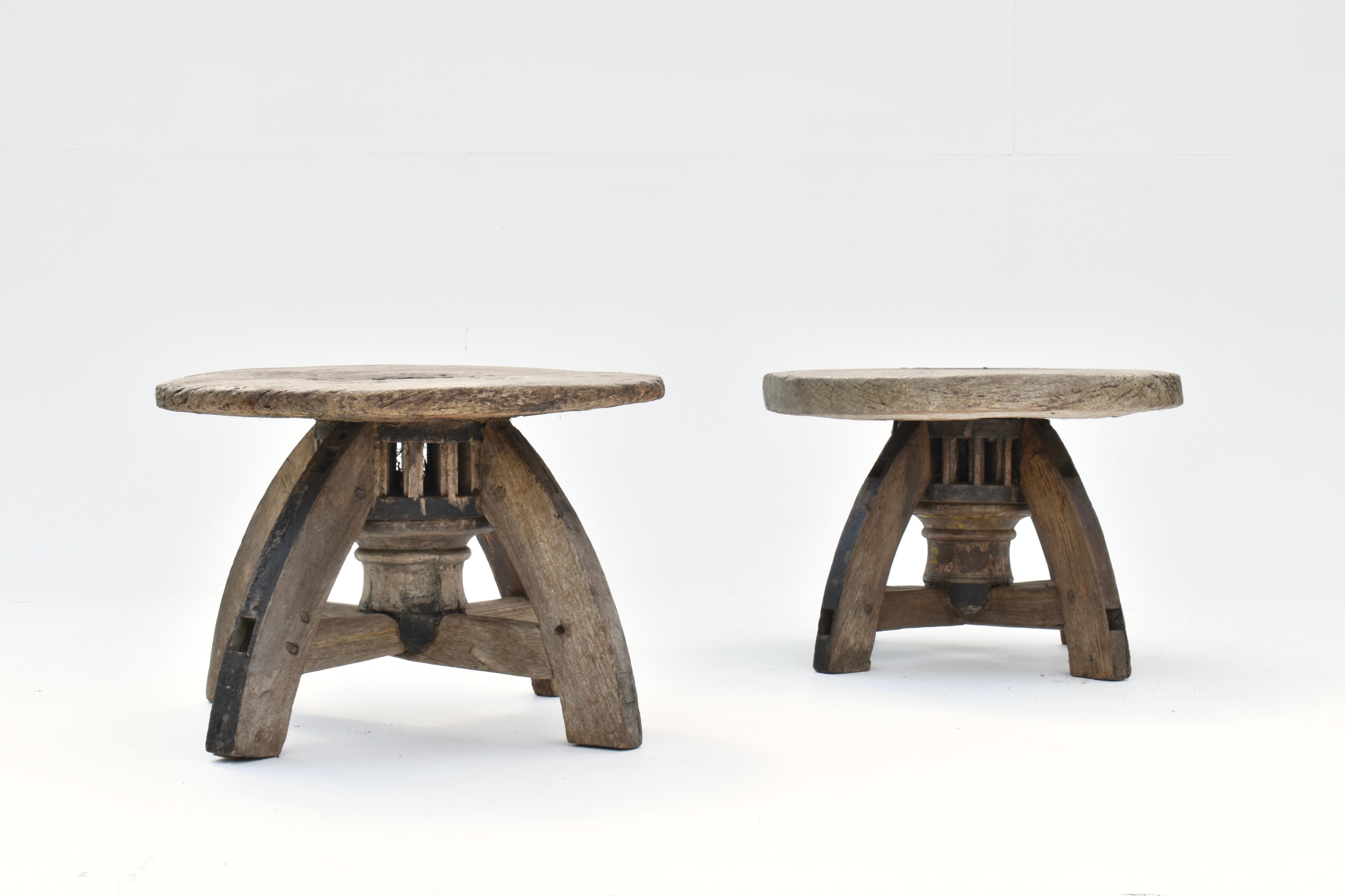 Stunning and completely unique pair of side tables produced from timber salvaged from a mill with the most incredible character and presence. These could be used as nightstands, end tables or occasional stools with a suitable cushion to match the