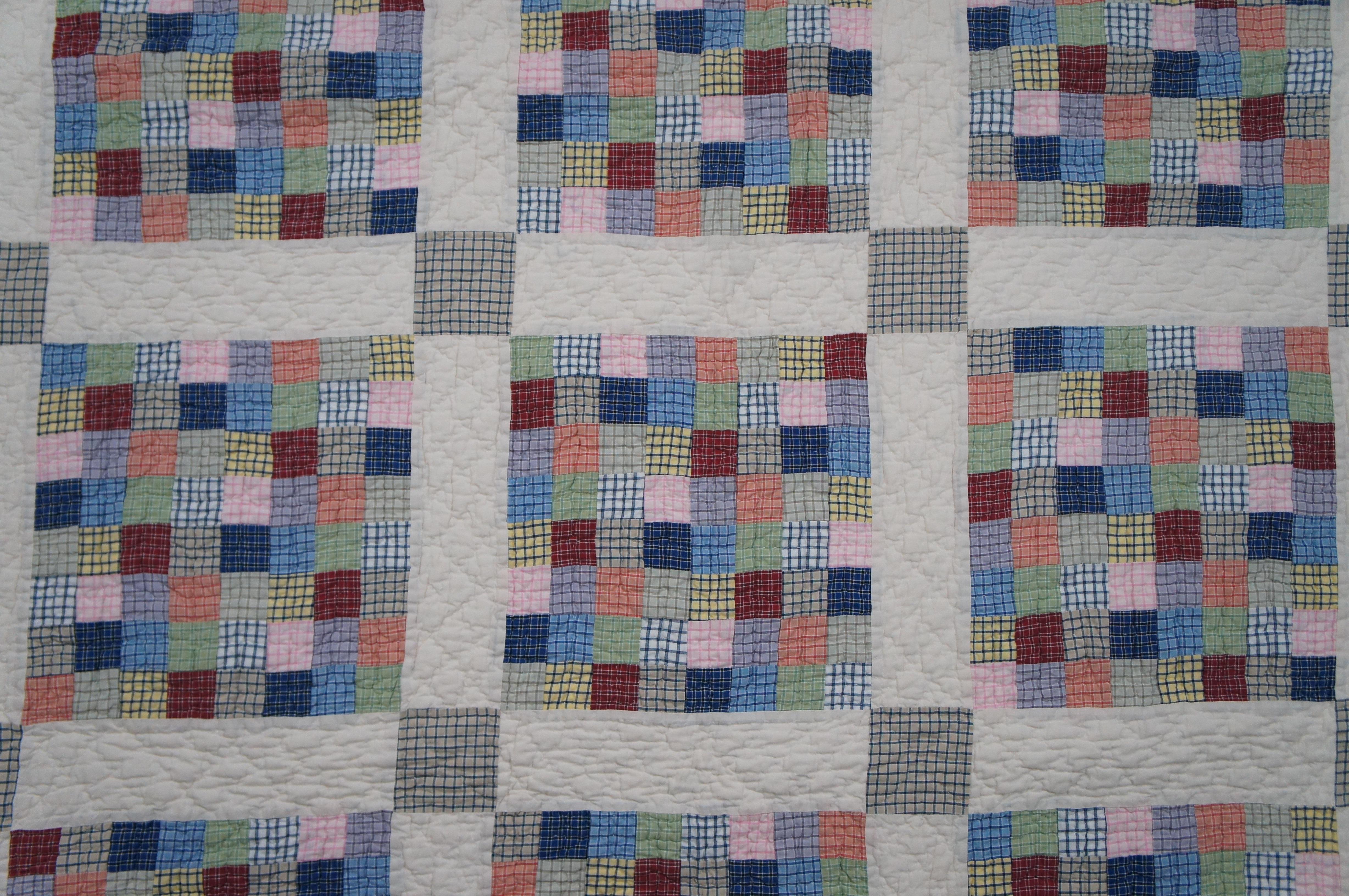 Antique Folk Art Stitched Geometric Patchwork Quilt Blanket Gingham Check In Good Condition For Sale In Dayton, OH