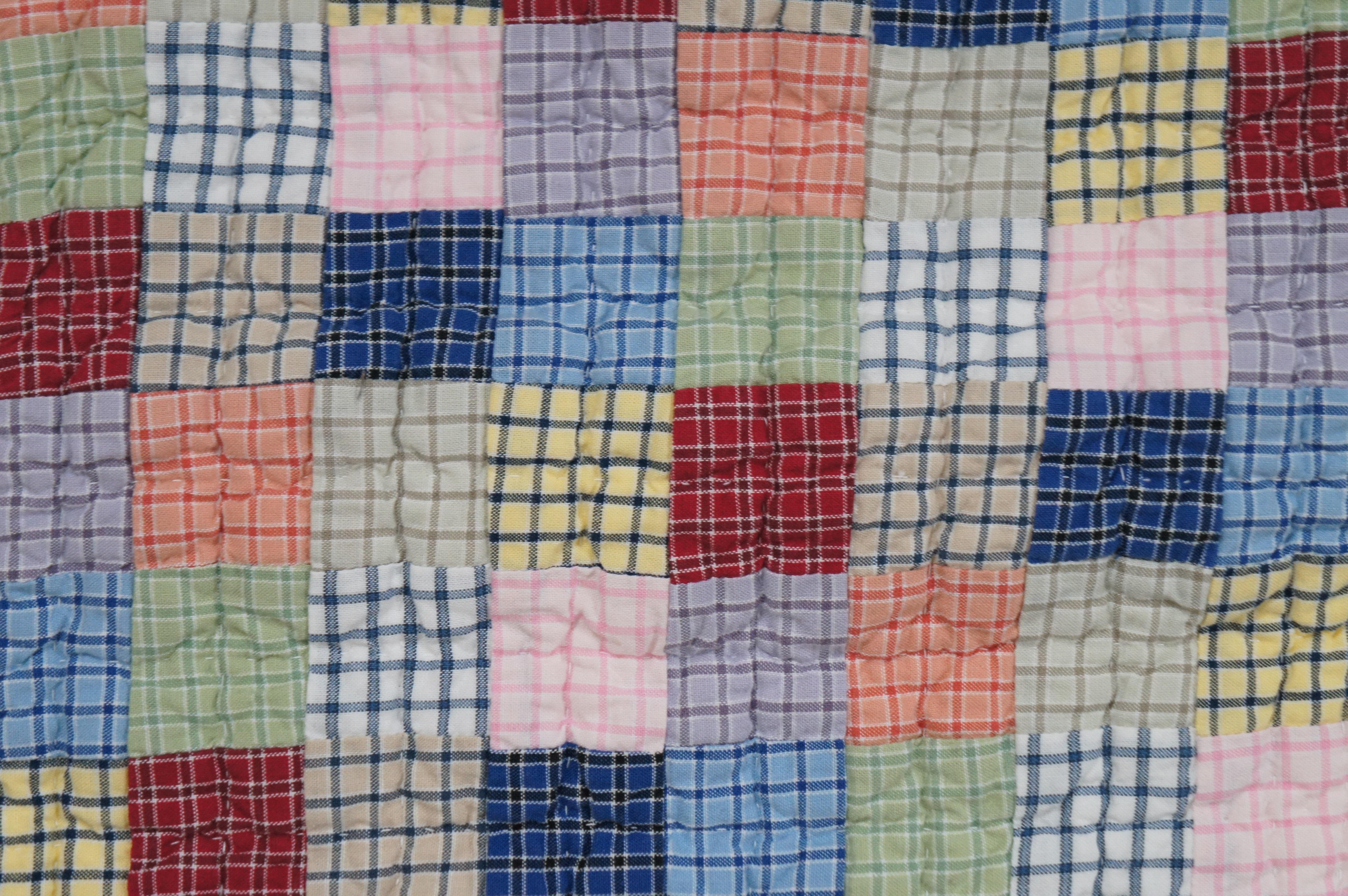 20th Century Antique Folk Art Stitched Geometric Patchwork Quilt Blanket Gingham Check