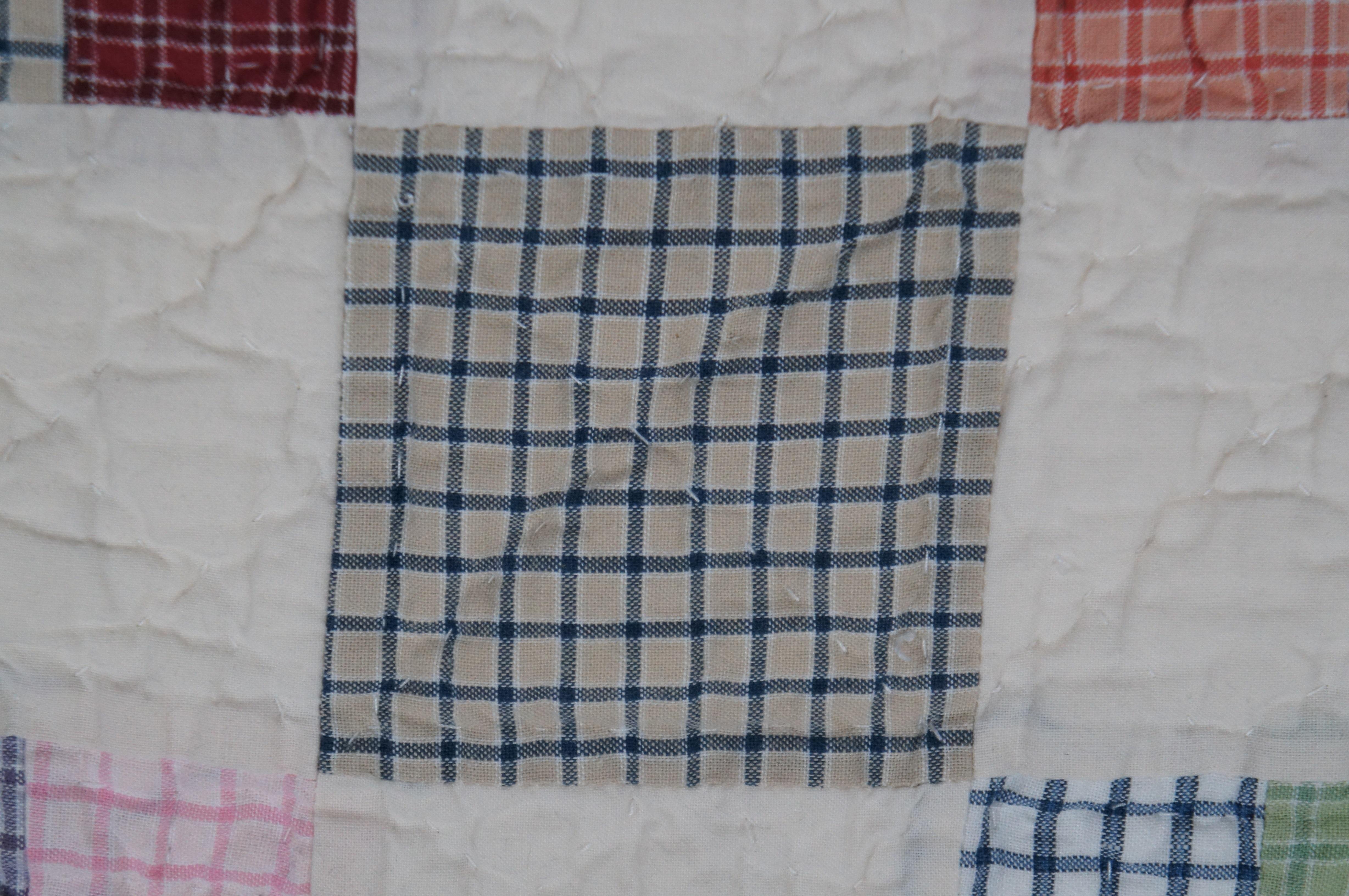 Cotton Antique Folk Art Stitched Geometric Patchwork Quilt Blanket Gingham Check For Sale
