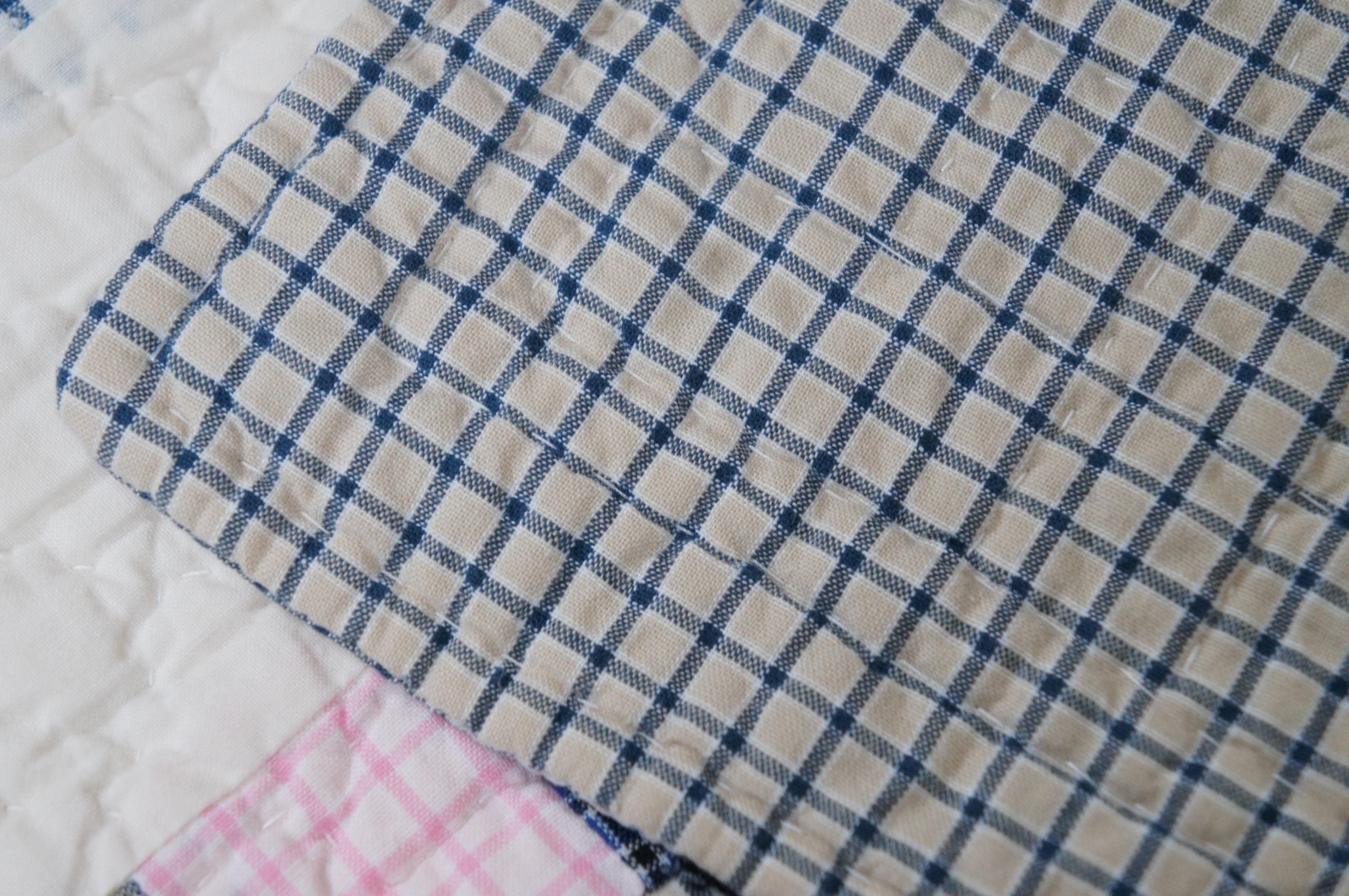 Antique Folk Art Stitched Geometric Patchwork Quilt Blanket Gingham Check For Sale 2