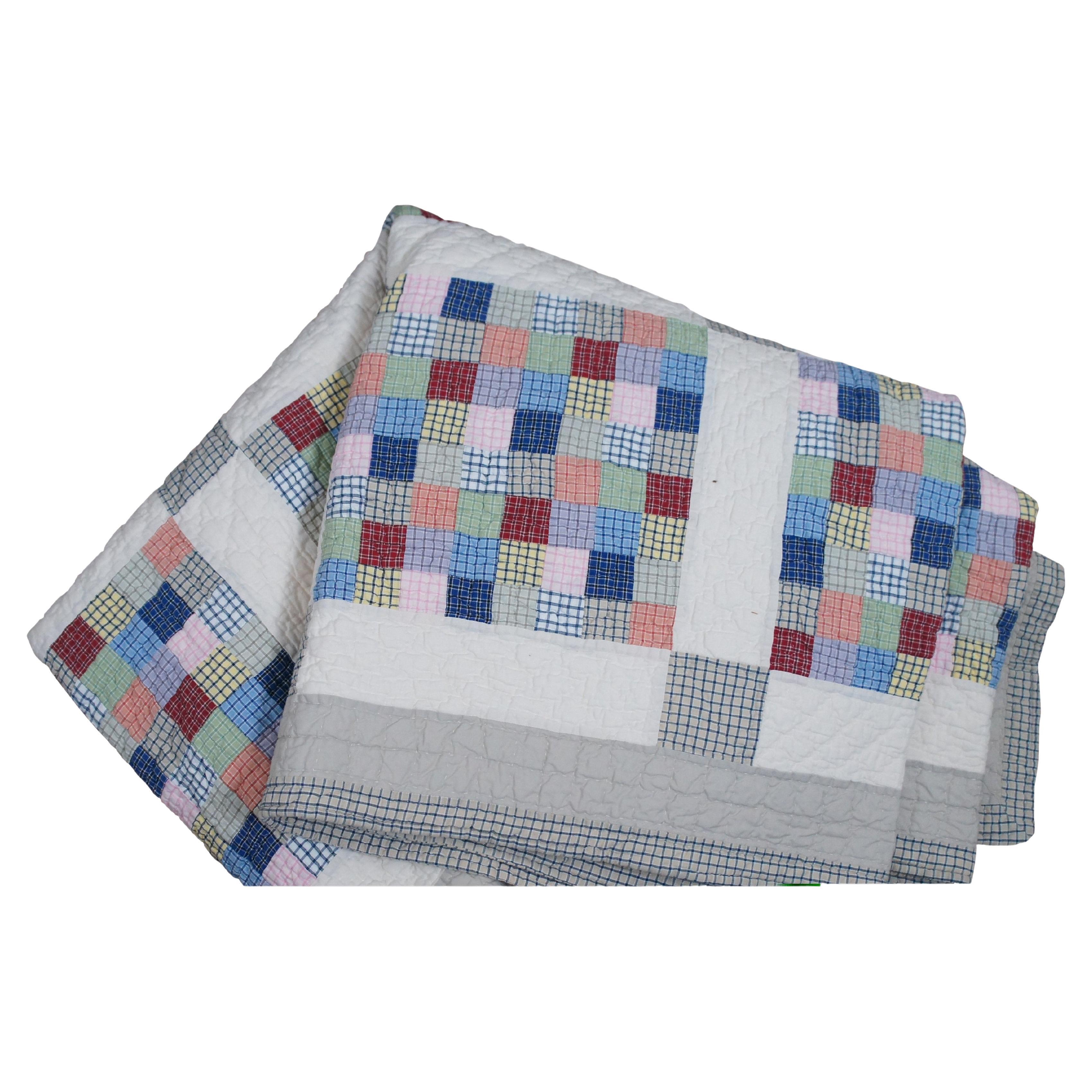 Antique Folk Art Stitched Geometric Patchwork Quilt Blanket Gingham Check For Sale