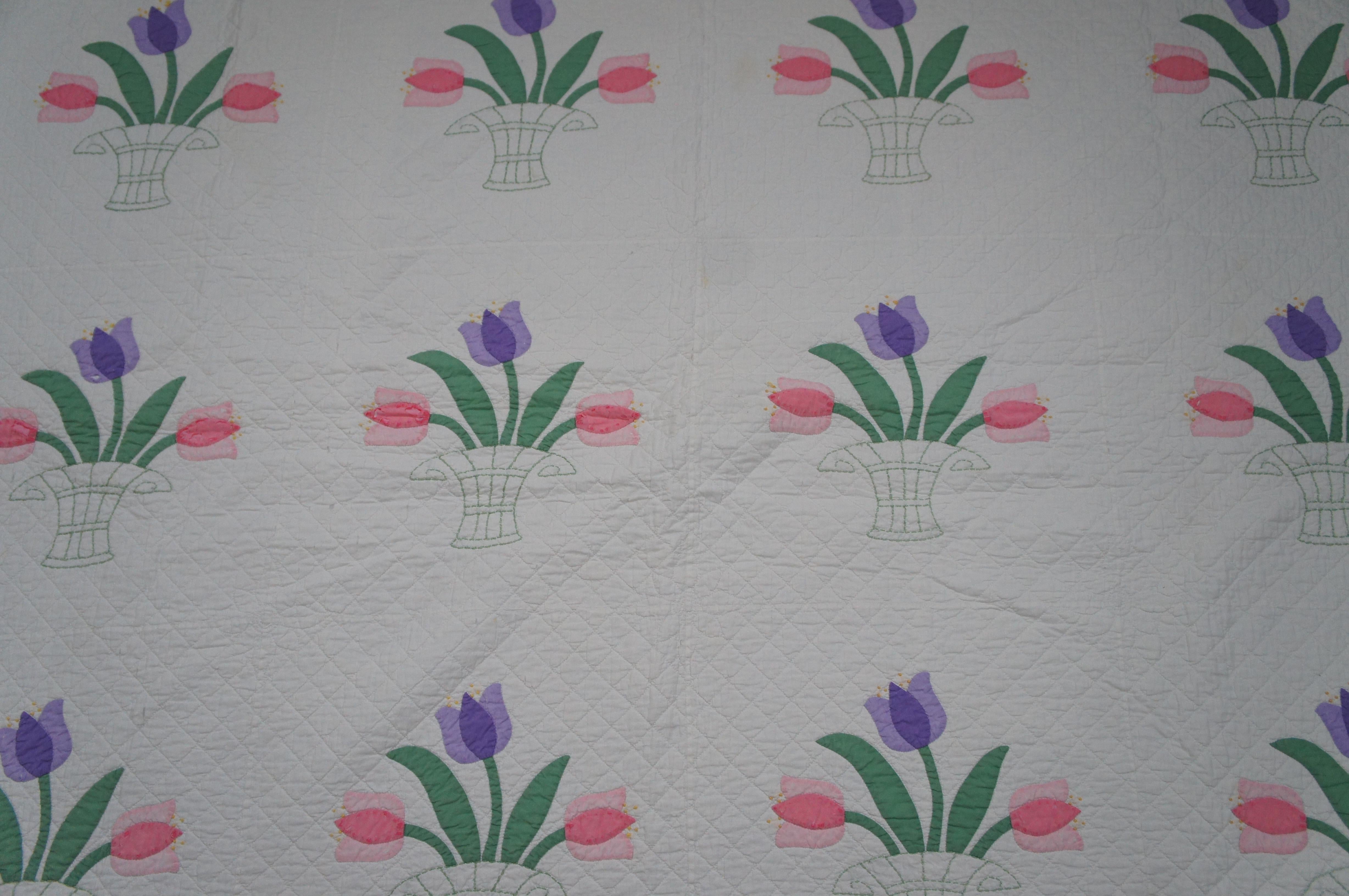 20th Century Antique Folk Art Stitched Tulip Flower Baskets Applique Quilt Blanket For Sale