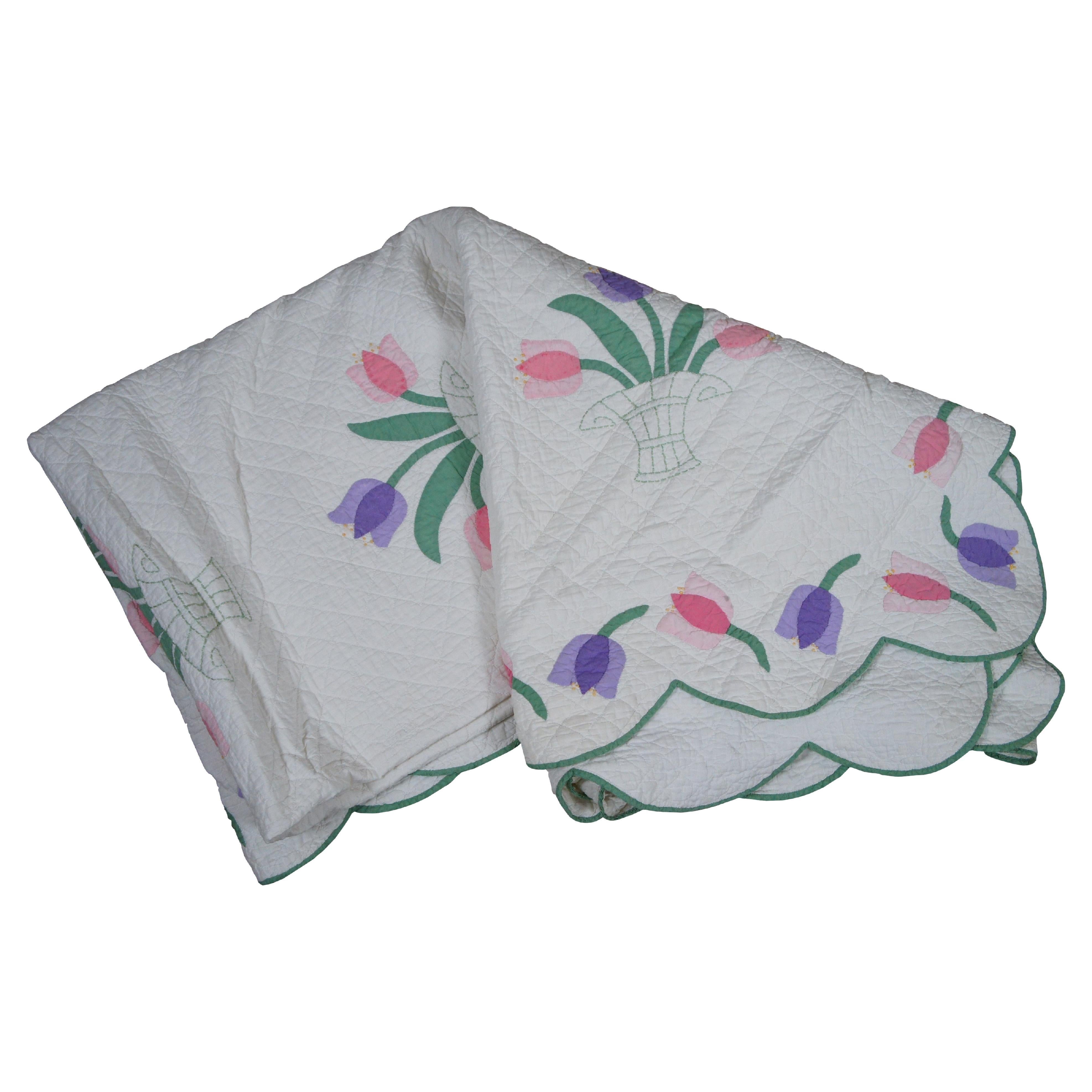 Antique Folk Art Stitched Tulip Flower Baskets Applique Quilt Blanket For Sale