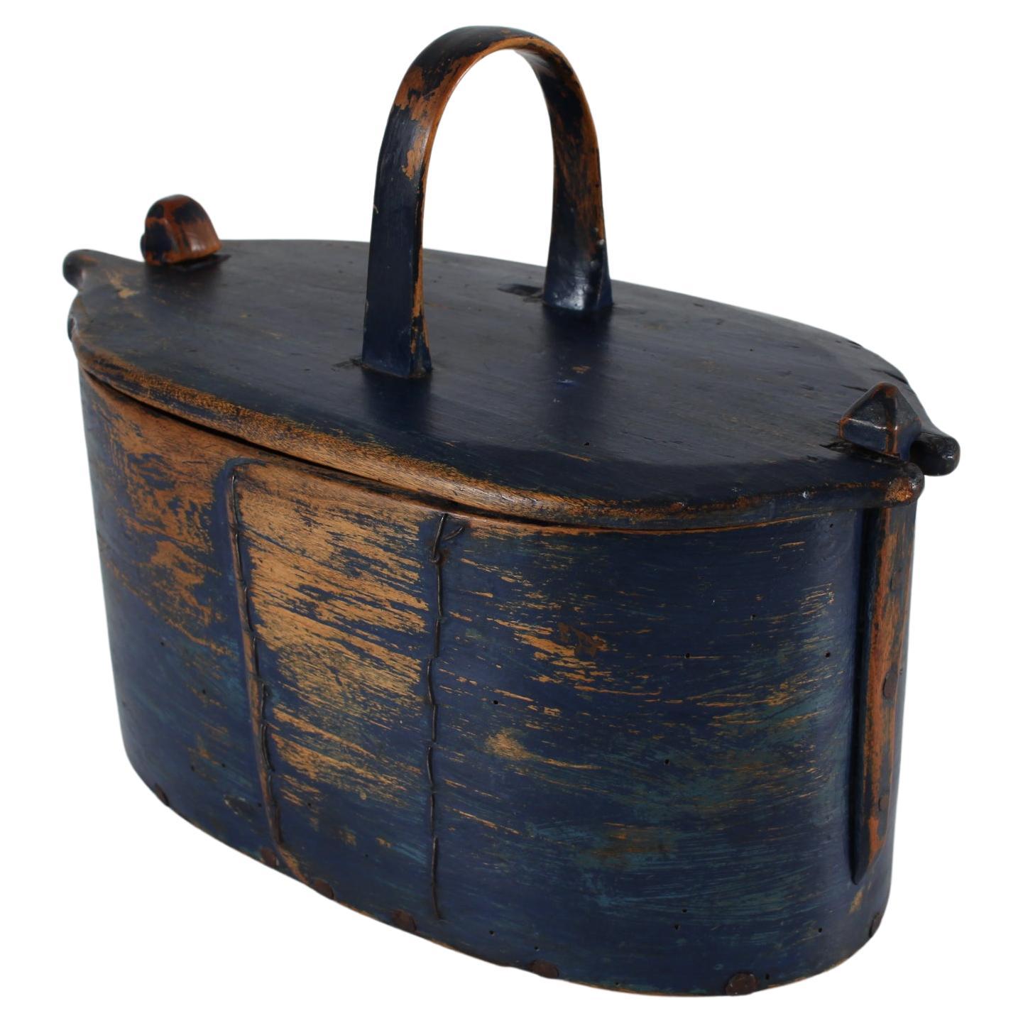 Antique Folk Art Tejne Wood Container Original Blue Paint, Denmark ca 1850s