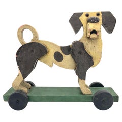 Antique Folk Art Toy Beagle Dog on Wheels Painted Wood