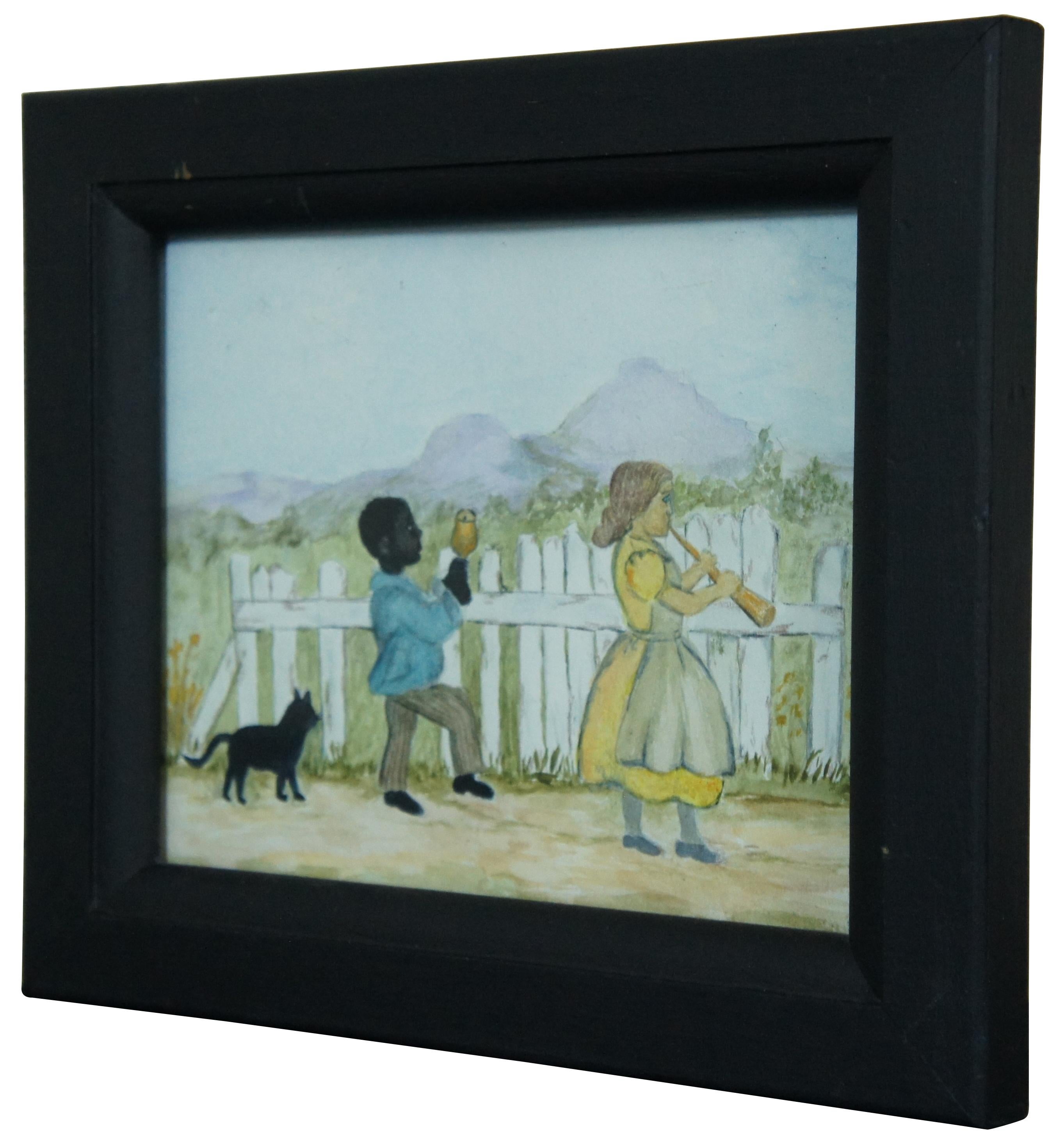 Antique folk art style watercolor painting of a pair of children with instruments and a cat walking down a road lined with a white fence.

Measures: 9.375” x 1” x 8” / Sans Frame - 6.75” x 5.5” (width x depth x height)