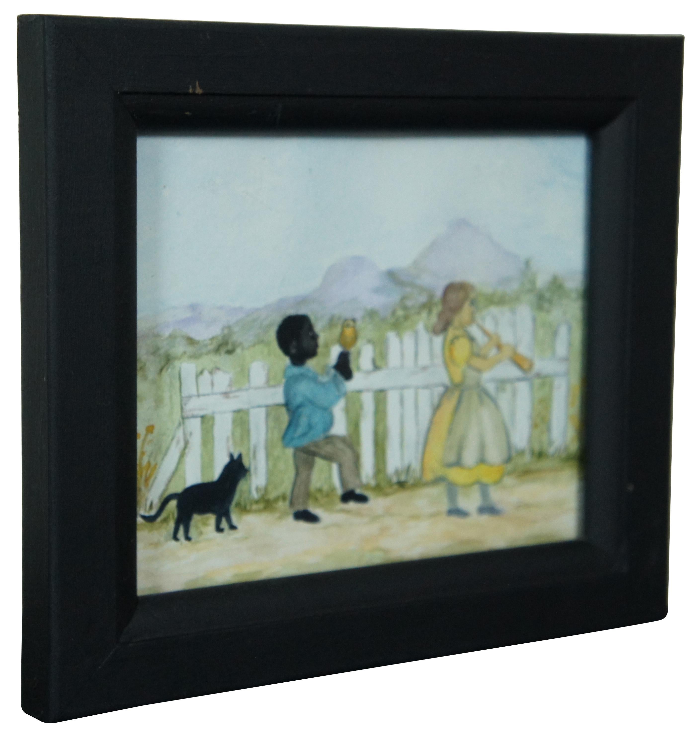 Antique Folk Art Watercolor Painting Children with Cat Instruments Framed In Good Condition For Sale In Dayton, OH