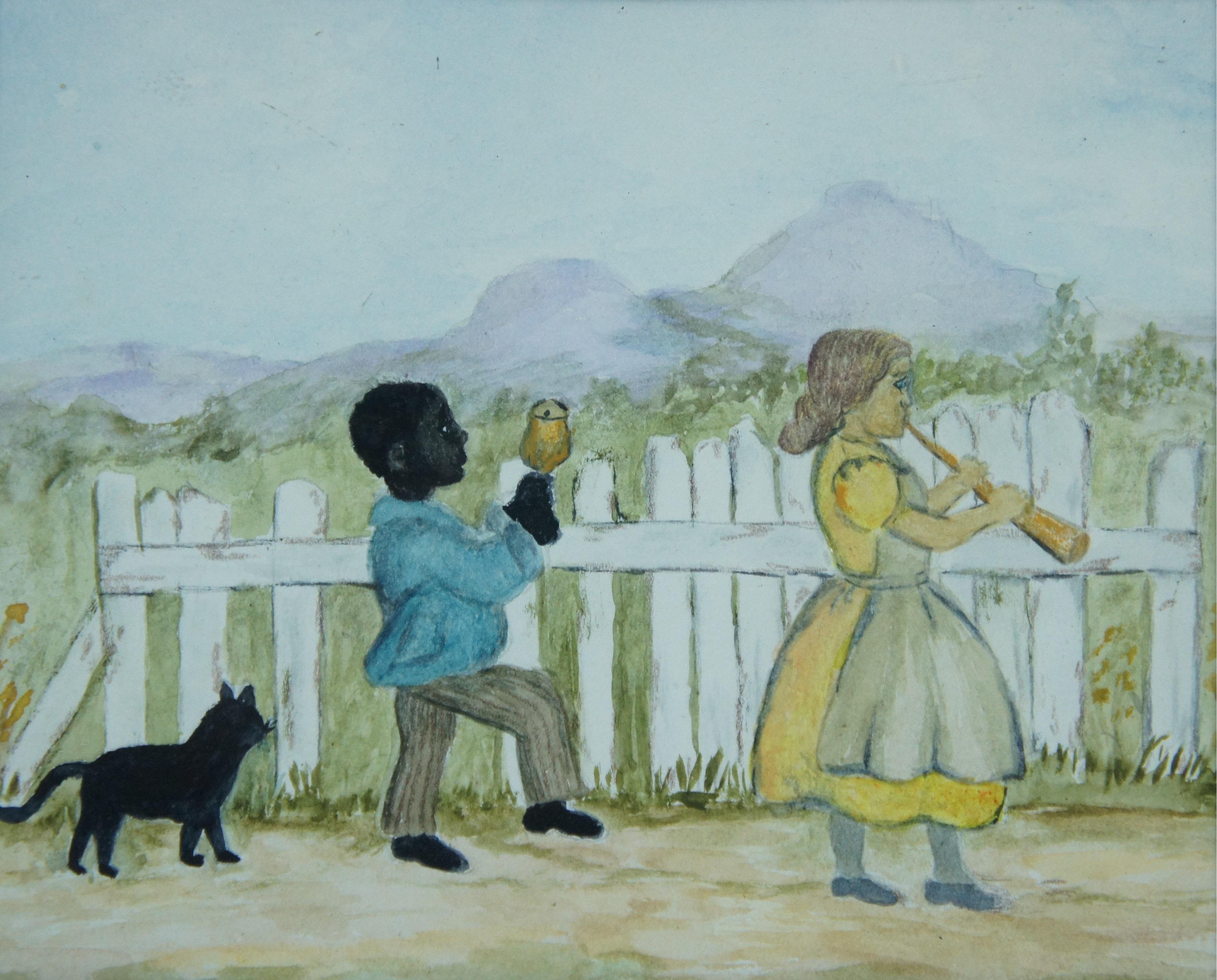 Artisanat Peinture à l'aquarelle d'art populaire ancien représentant des enfants et des instruments de chat encadrés en vente
