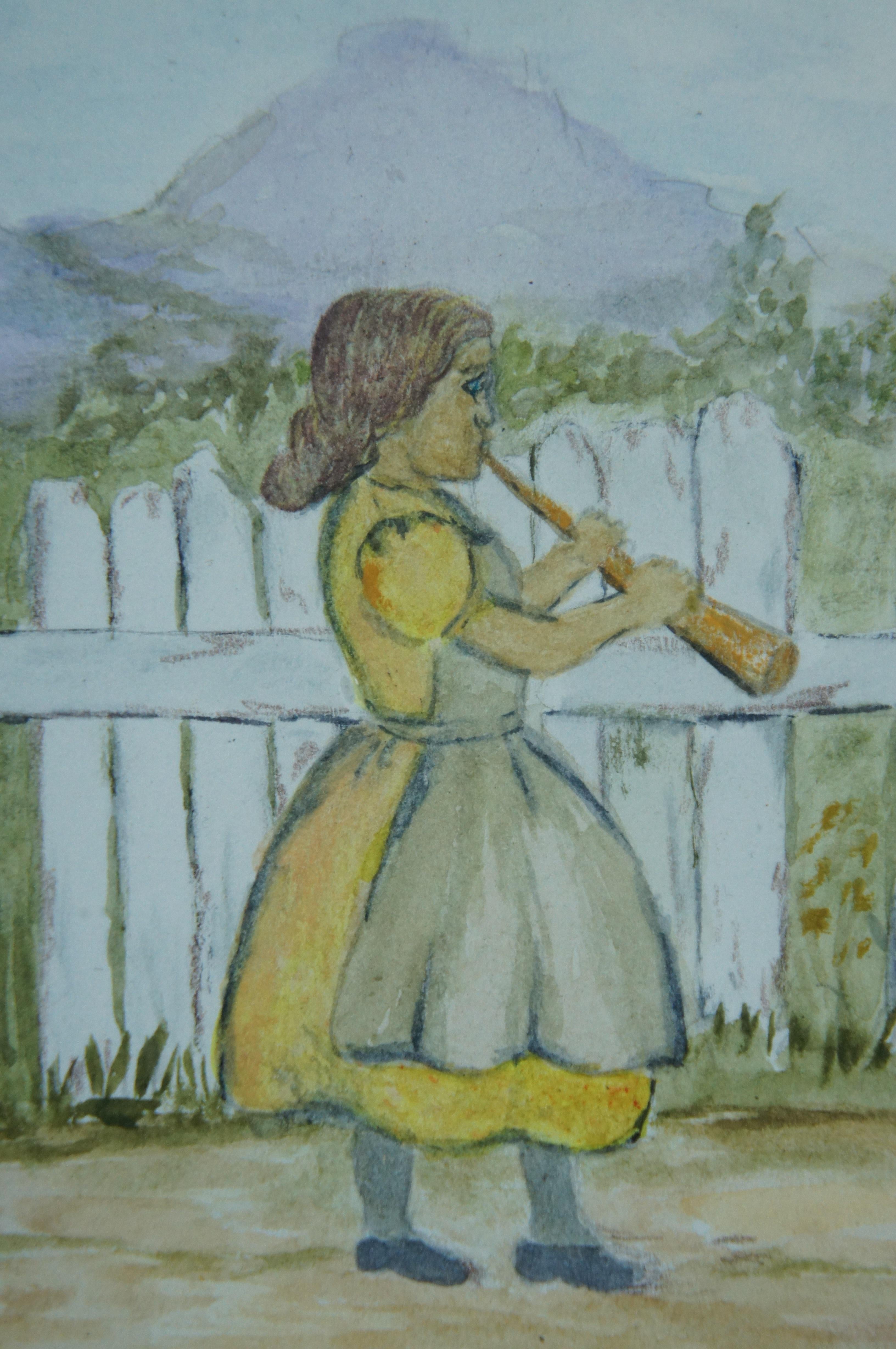 Peinture à l'aquarelle d'art populaire ancien représentant des enfants et des instruments de chat encadrés en vente 1