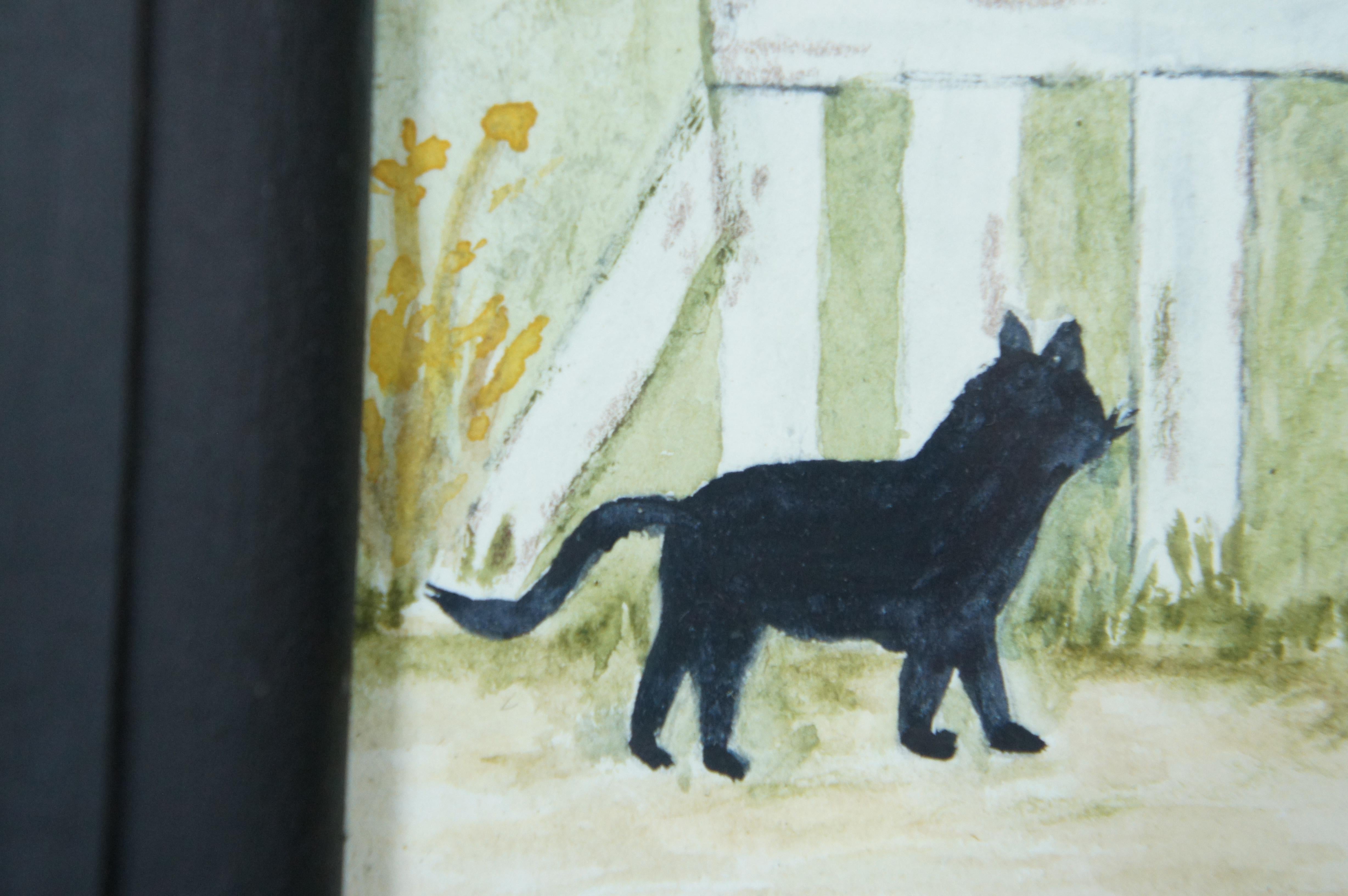 Peinture à l'aquarelle d'art populaire ancien représentant des enfants et des instruments de chat encadrés en vente 3