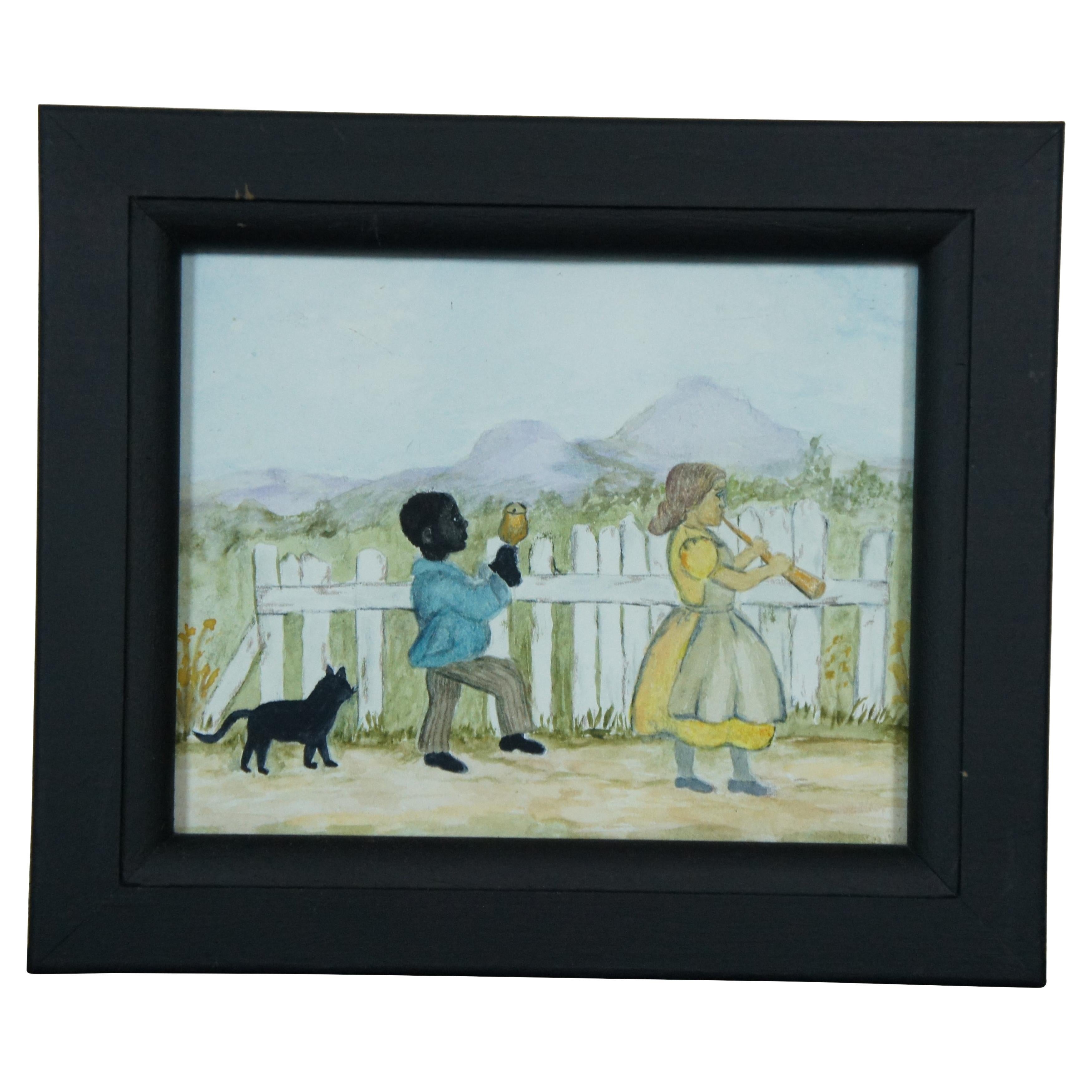 Peinture à l'aquarelle d'art populaire ancien représentant des enfants et des instruments de chat encadrés en vente
