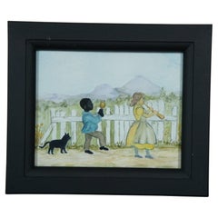Antique Folk Art Watercolor Painting Children with Cat Instruments Framed