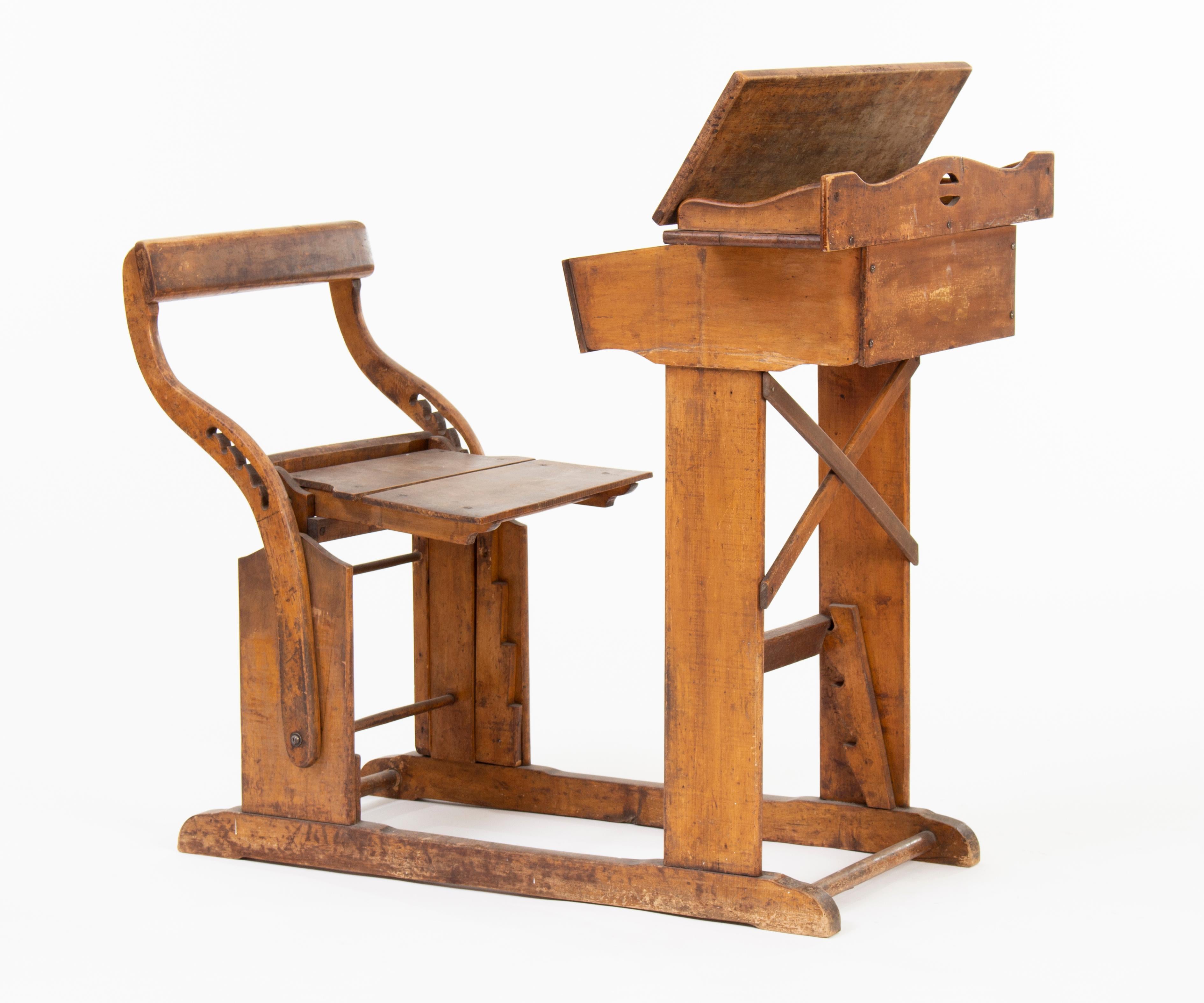 Antique children's school bench and desk, with inkholder.
In original condition, provoking the traditional Hungarian school athmosphere from the first half of the 20th century.