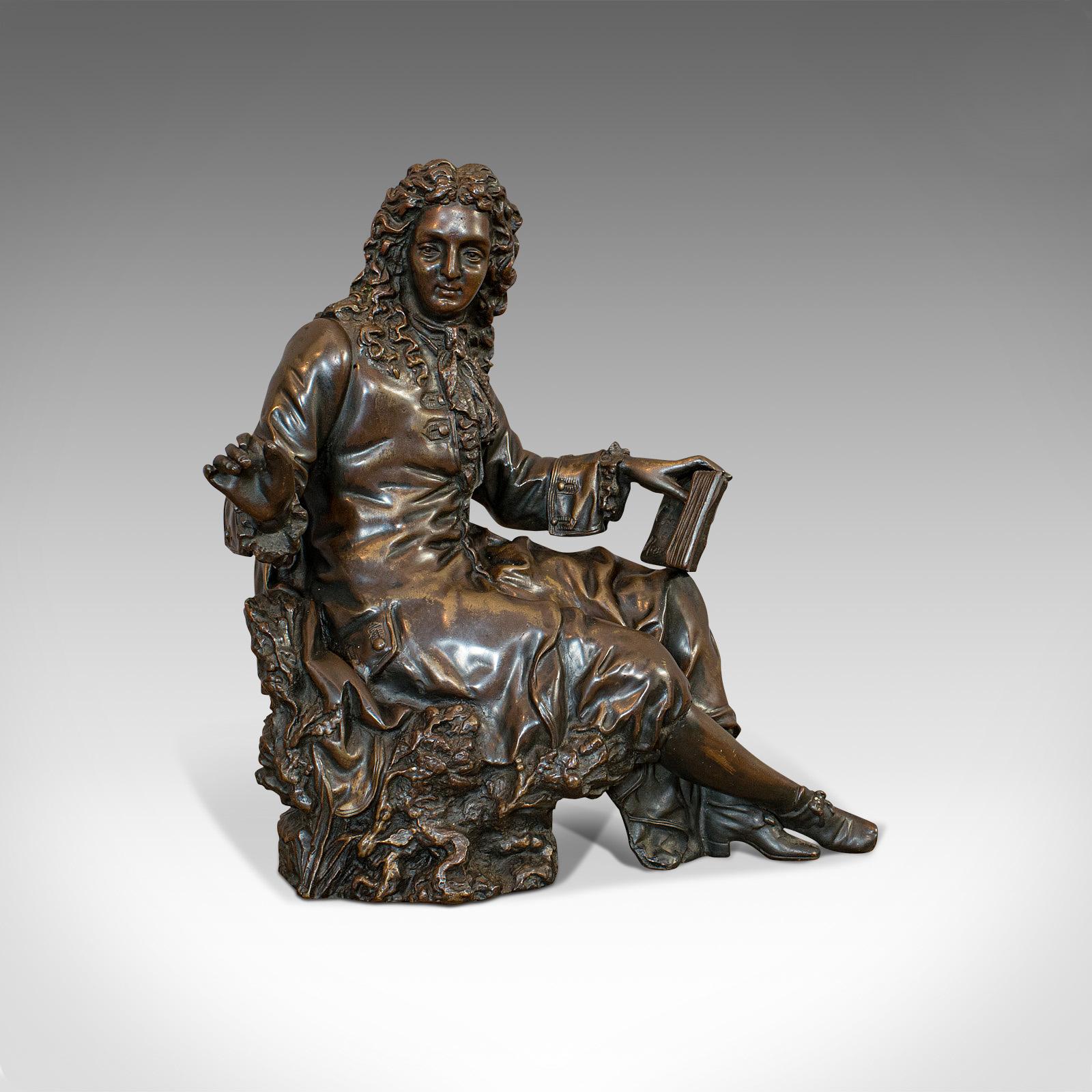 This is an antique Jean de la Fontaine figure. A French, bronze statue after Ernest Rancoulet, dating to the early 20th century, circa 1920.

A bronze seated figure of noted fabulist Jean de la Fontaine
Displays a desirable aged patina
Bronze