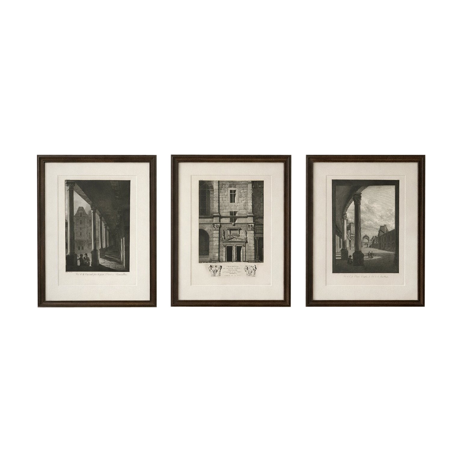 Antique Fontainebleau Architectural Views Triptych, Napoleon Era Engravings 1803