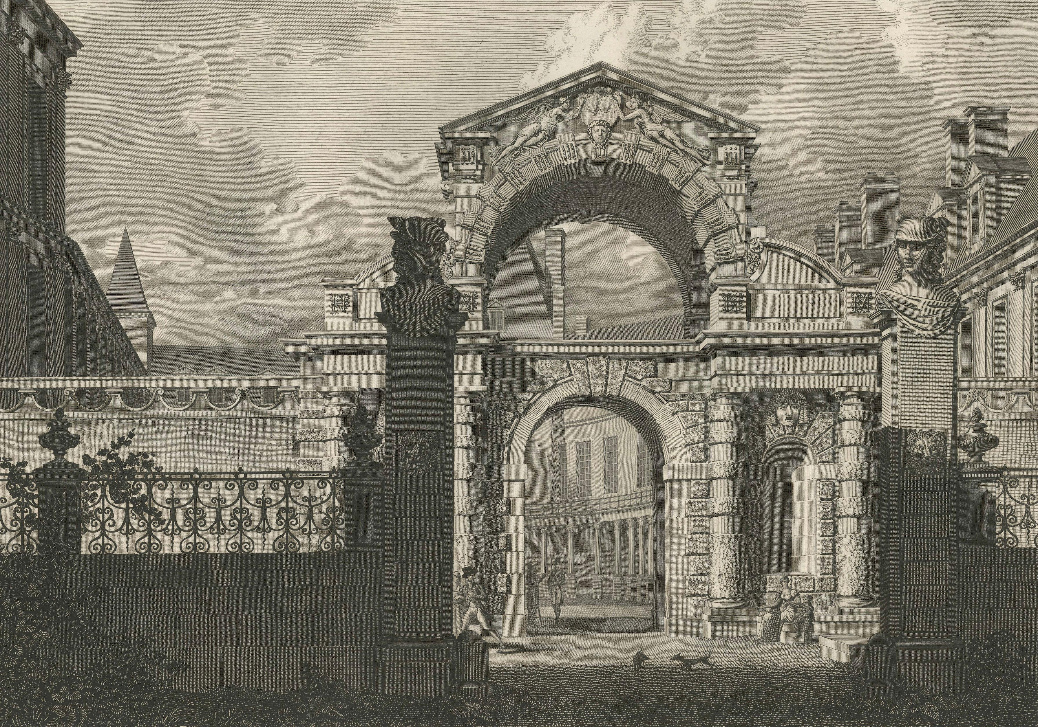 Antique Fontainebleau Porte Dauphine View, Napoleon Era Engraving, 1803
