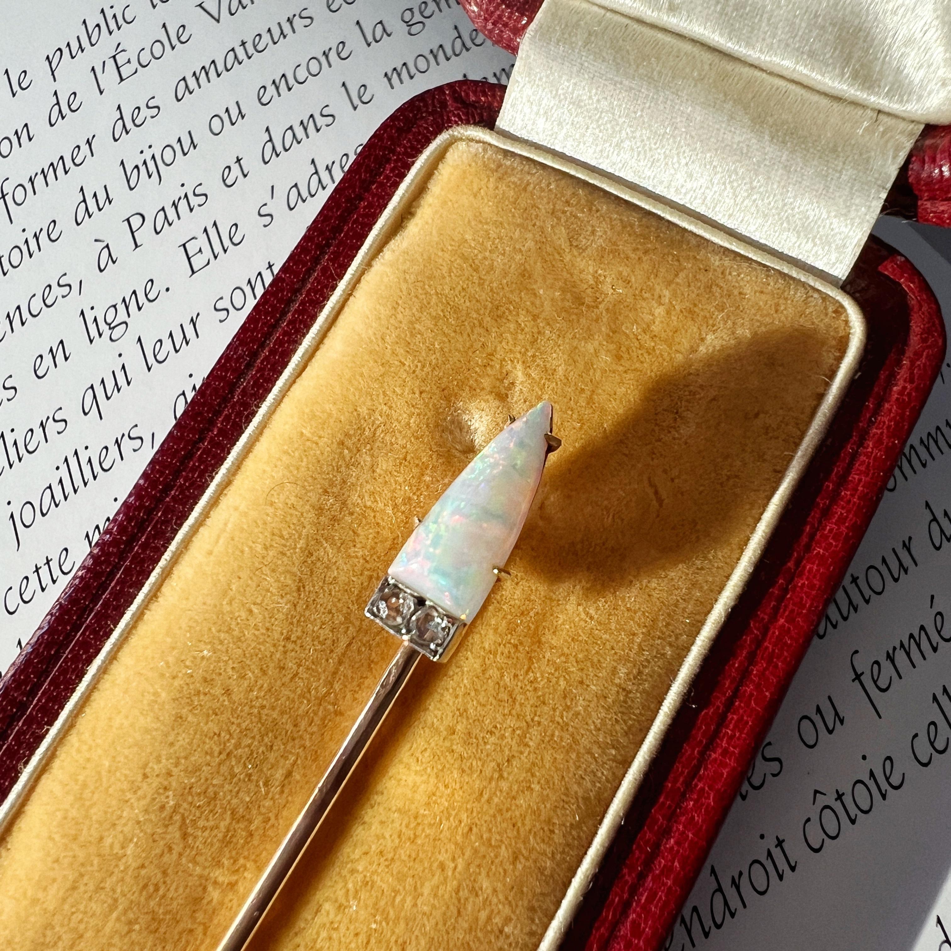 Women's or Men's Antique Fontana boxed 18K gold opal diamond pin brooch For Sale