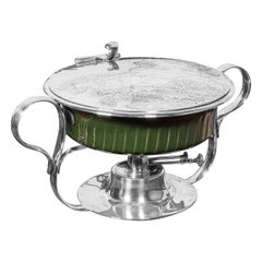 Antique Food Warmer, English Ceramic, Silver Plate, Chafing Heat Dish, Edwardian