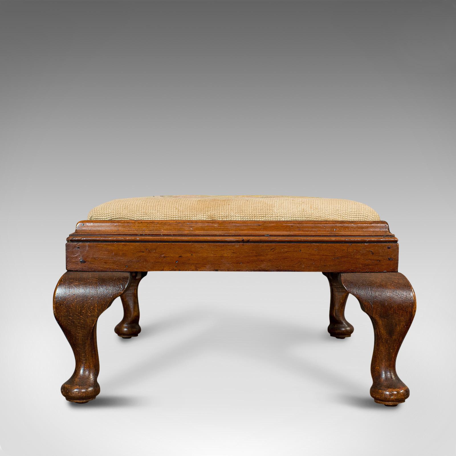 20th Century Antique Foot Stool, English, Mahogany, Beech, Needlepoint Tapestry, Edwardian