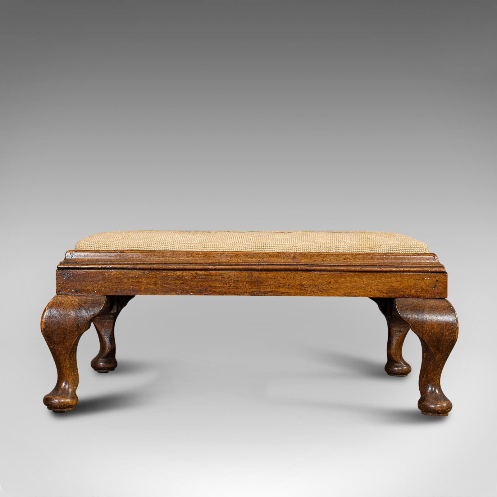 Antique Foot Stool, English, Mahogany, Beech, Needlepoint Tapestry, Edwardian 1
