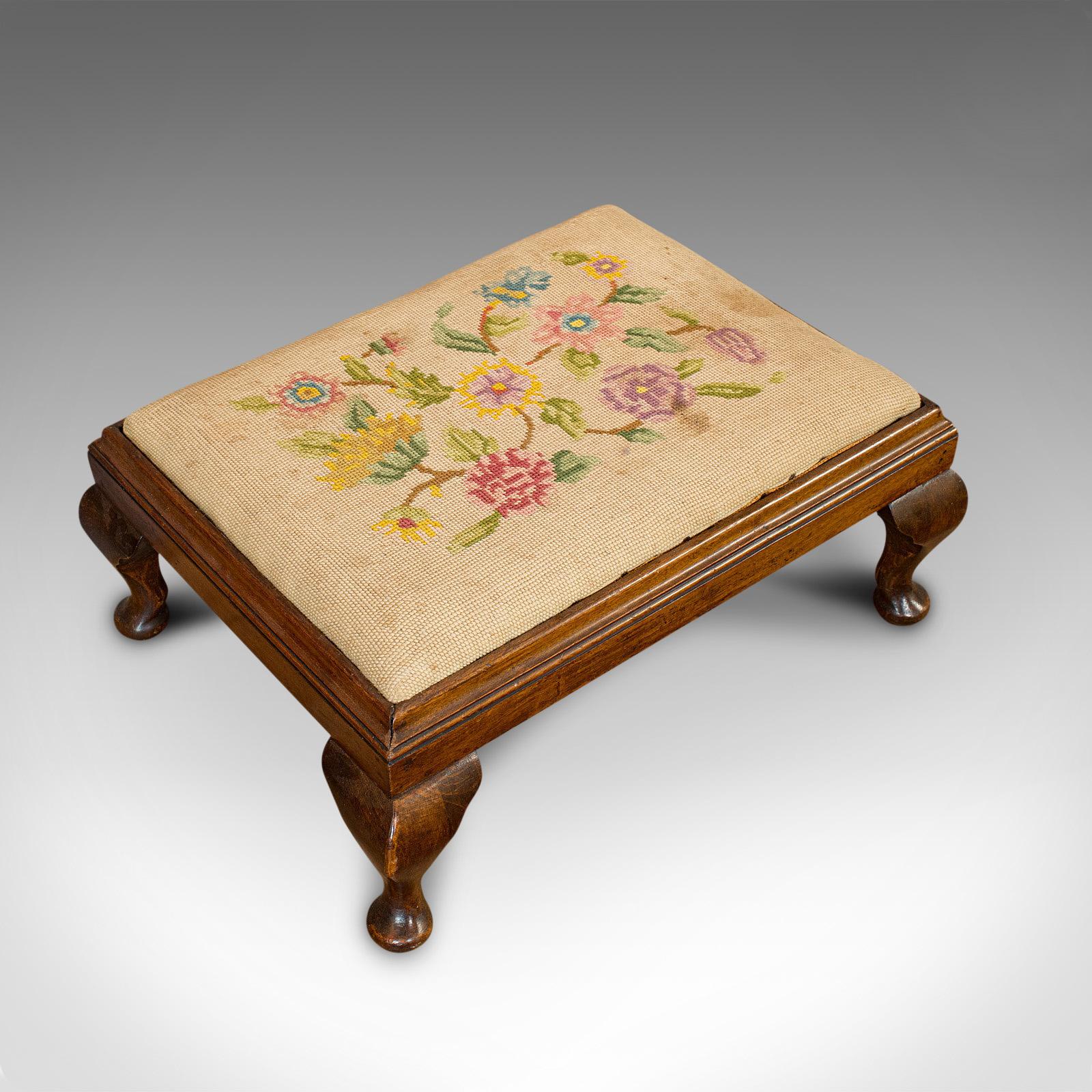 Antique Foot Stool, English, Mahogany, Beech, Needlepoint Tapestry, Edwardian 2