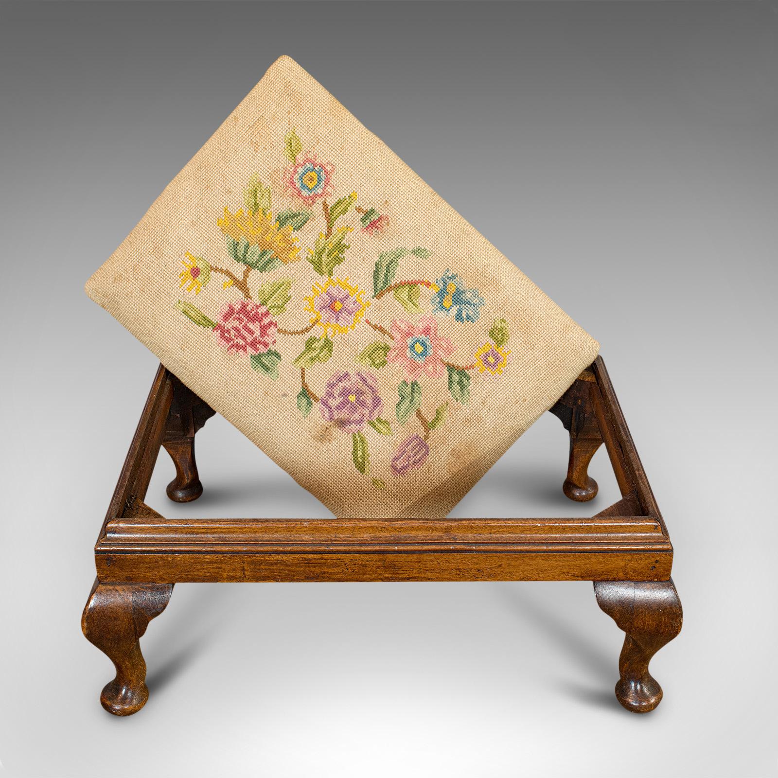 Antique Foot Stool, English, Mahogany, Beech, Needlepoint Tapestry, Edwardian 4