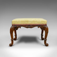 Antique Foot Stool, Mahogany, Damask Cloth, English, Victorian, circa 1840