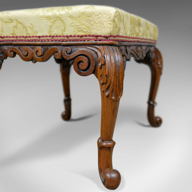 Antique Foot Stool, Mahogany, Damask Cloth, English, Victorian, circa