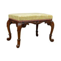 Antique Foot Stool, Mahogany, Damask Cloth, English, Victorian, circa 1840