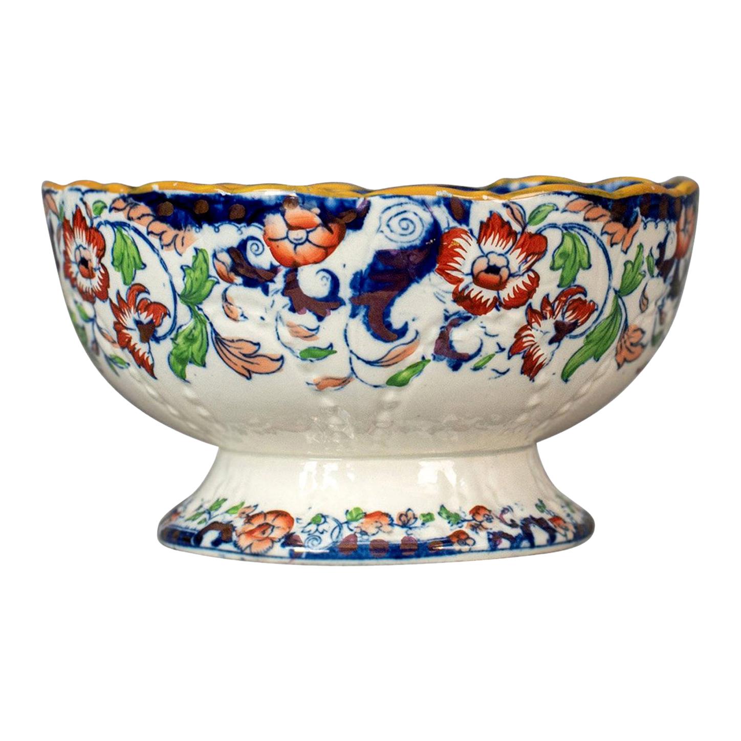 Antique Footed Bowl, Blue, White and Ochre, Ironstone, Fruit, circa 1900