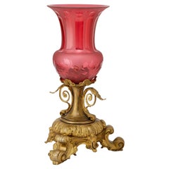 Antique Footed Gilt Bronze Hand Etched Cranberry Table lamp